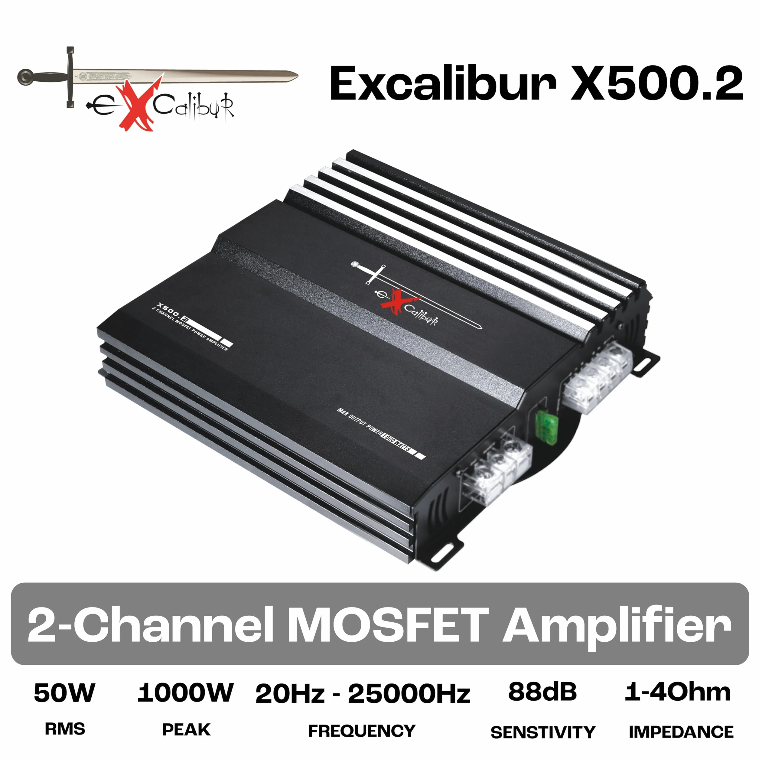 Excalibur Mosfet, X500.2 2-kanałowy Wzmacniacz Samochodowy, 1000 W, Czarny