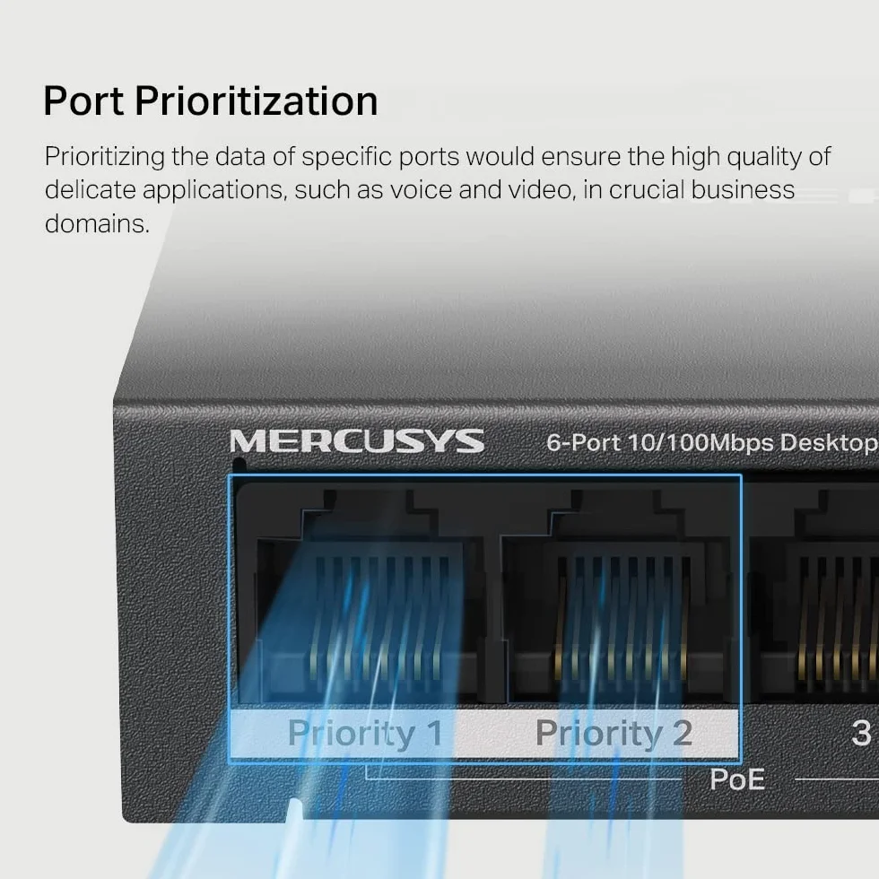 MERCUSYS MS106LP TP-Link Switch PoE 6 portów Ethernet, 40 W dla wszystkich portów PoE, 4 porty PoE+ 30W 802.3af/at, przełącznik Ethernet, przełącznik RJ45, metalowa obudowa, listwa zasilająca