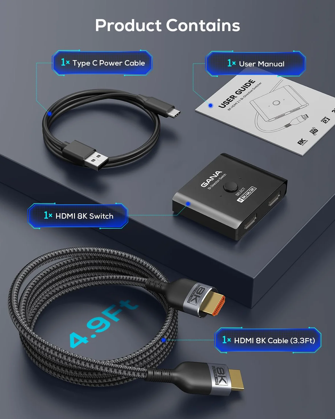 GANA Przełącznik HDMI 2.1, Ultra HD 8K dwukierunkowy rozdzielacz HDMI obsługuje 4K przy 120 Hz, 8K przy 60 Hz 【z kablem HDMI 4,9 FT】, aluminiowy selektor HDMI do PS5/PS4, Xbox, Roku, TV, Fire Stick