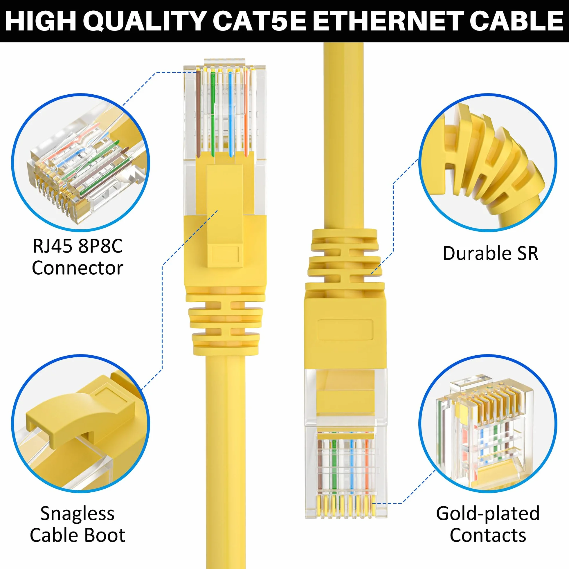 Kabel Ethernet Cat5e 250FT, długi kabel internetowy Cat 5e, żółty kabel krosowy, elastyczny, sieciowy, LAN, PoE, standardowe złącze RJ45 do komputera, serwera, routera, modemu, telewizora, PS5 - z 15