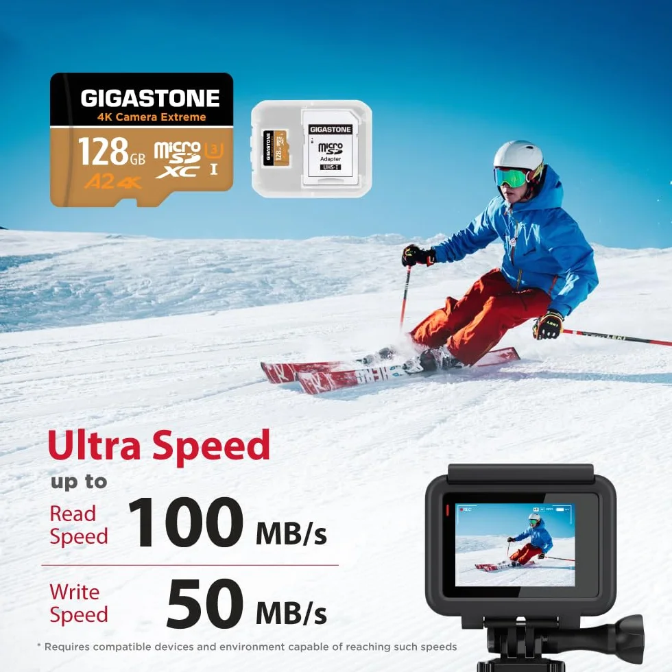 [5-letnia bezpłatna odzyskiwanie danych] GIGASTONE karta micro SD 128 GB, kamera 4K Extreme, karta pamięci MicroSDXC do przełącznika, GoPro, kamery akcji, DJI, R/W do 100/50 MB/s, UHS-I U3 A2 V30 C10