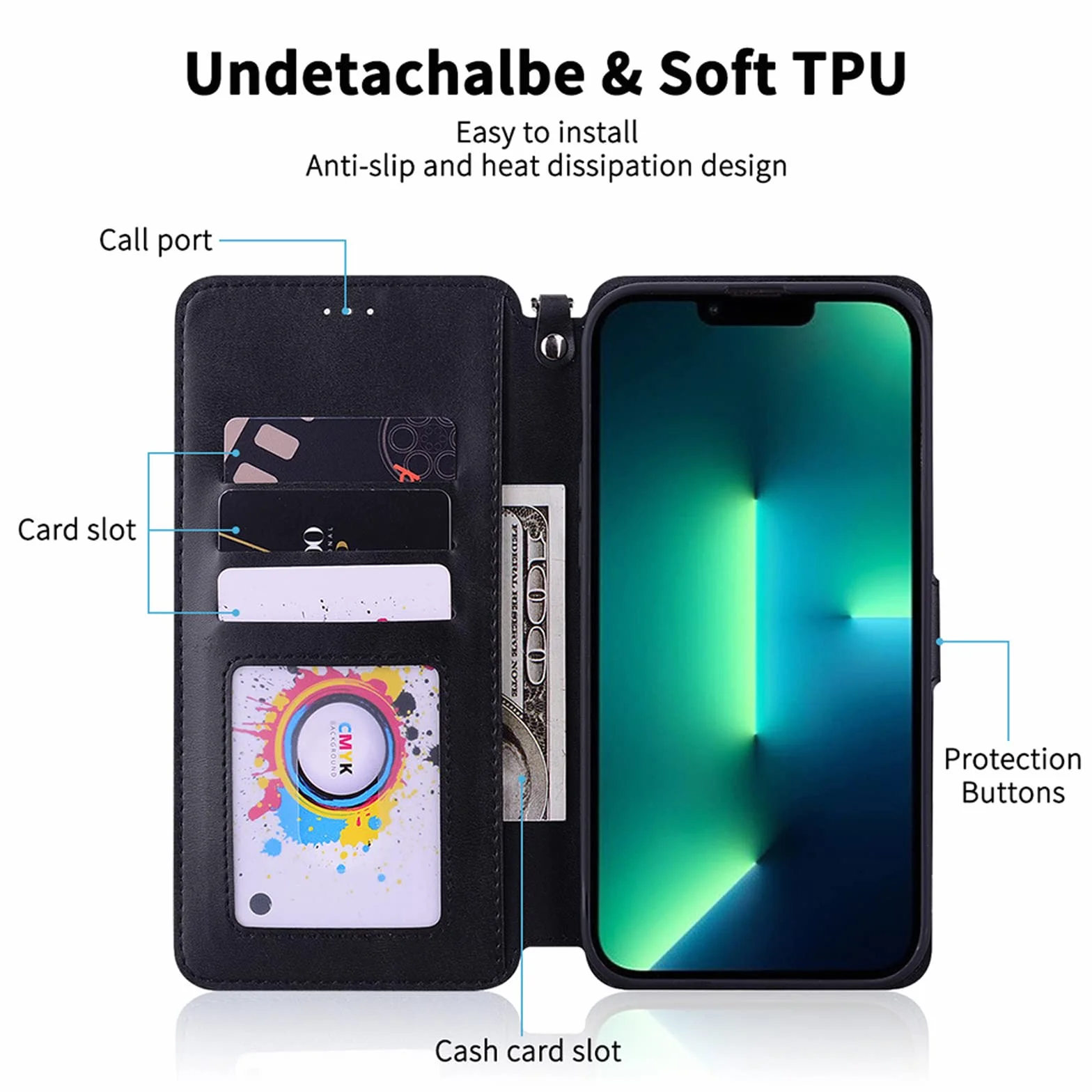 LTL Etui z klapką do iPhone 13/13 Pro/13 Pro Max, wysokiej jakości skórzane etui z klapką, etui z przegródką na karty, podpórka, etui na telefon, magnetyczne, czarne, 13 6,1"