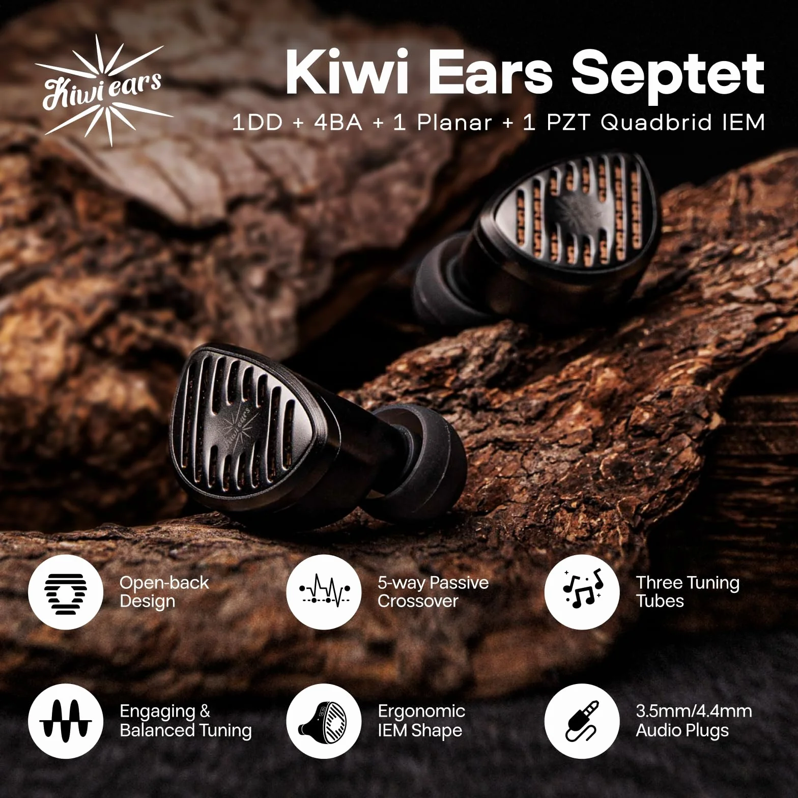 Linsoul Kiwi Ears Septet in Ear Monitor, 1DD + 4BA + 1 Planar + 1 PZT Quadri-Hybrid, słuchawki przewodowe HiFi, słuchawki do gier z kablem modułowym 3,5 mm/4,4 mm dla muzyków i audiofilów