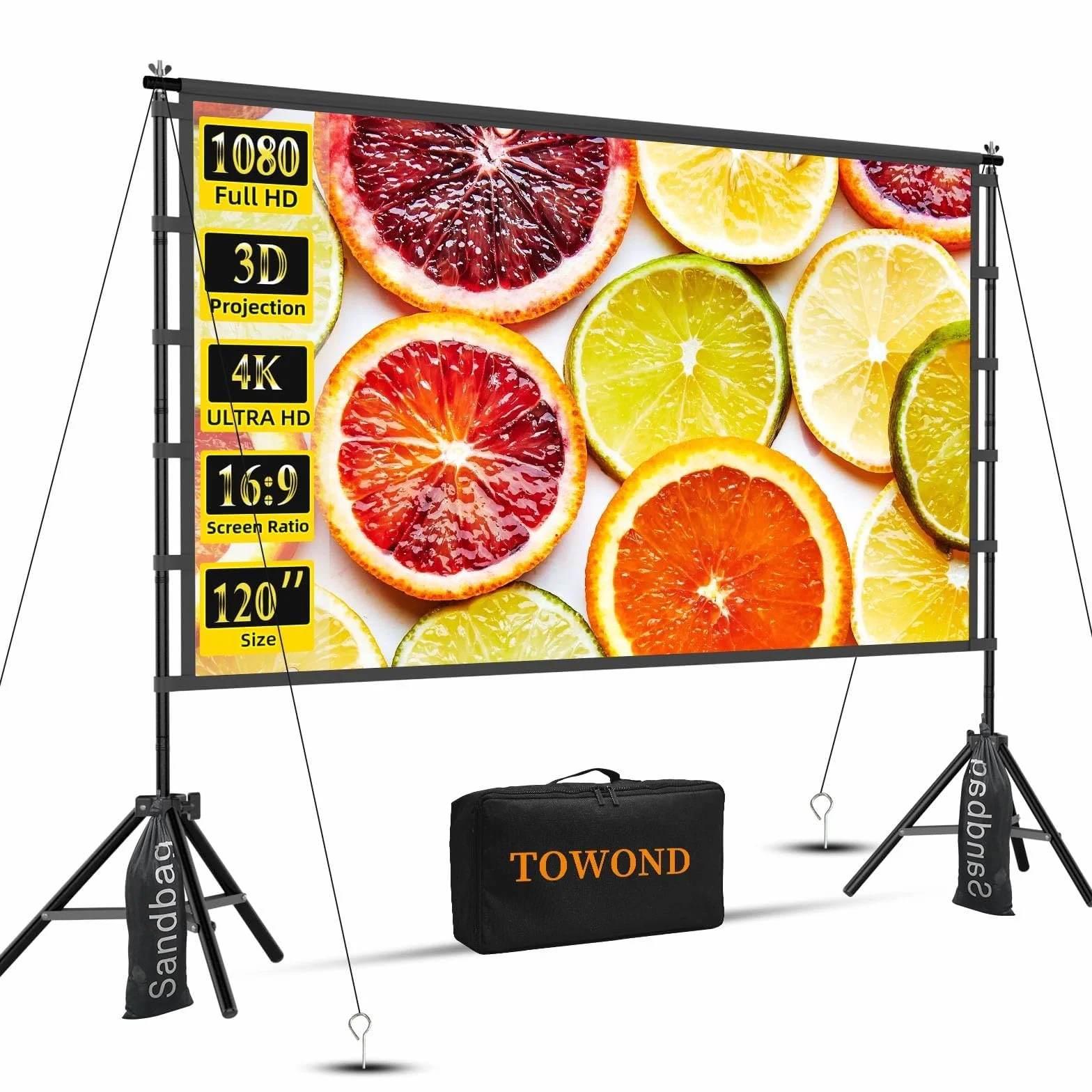 TOWOND 120-calowy ekran projektora ze stojakiem, składany, przenośny, 16:9 HD, do kina domowego i ogrodu, projekcja przednia i tylna, zmywalny, bez zagnieceń, poliester, z torbą do przenoszenia