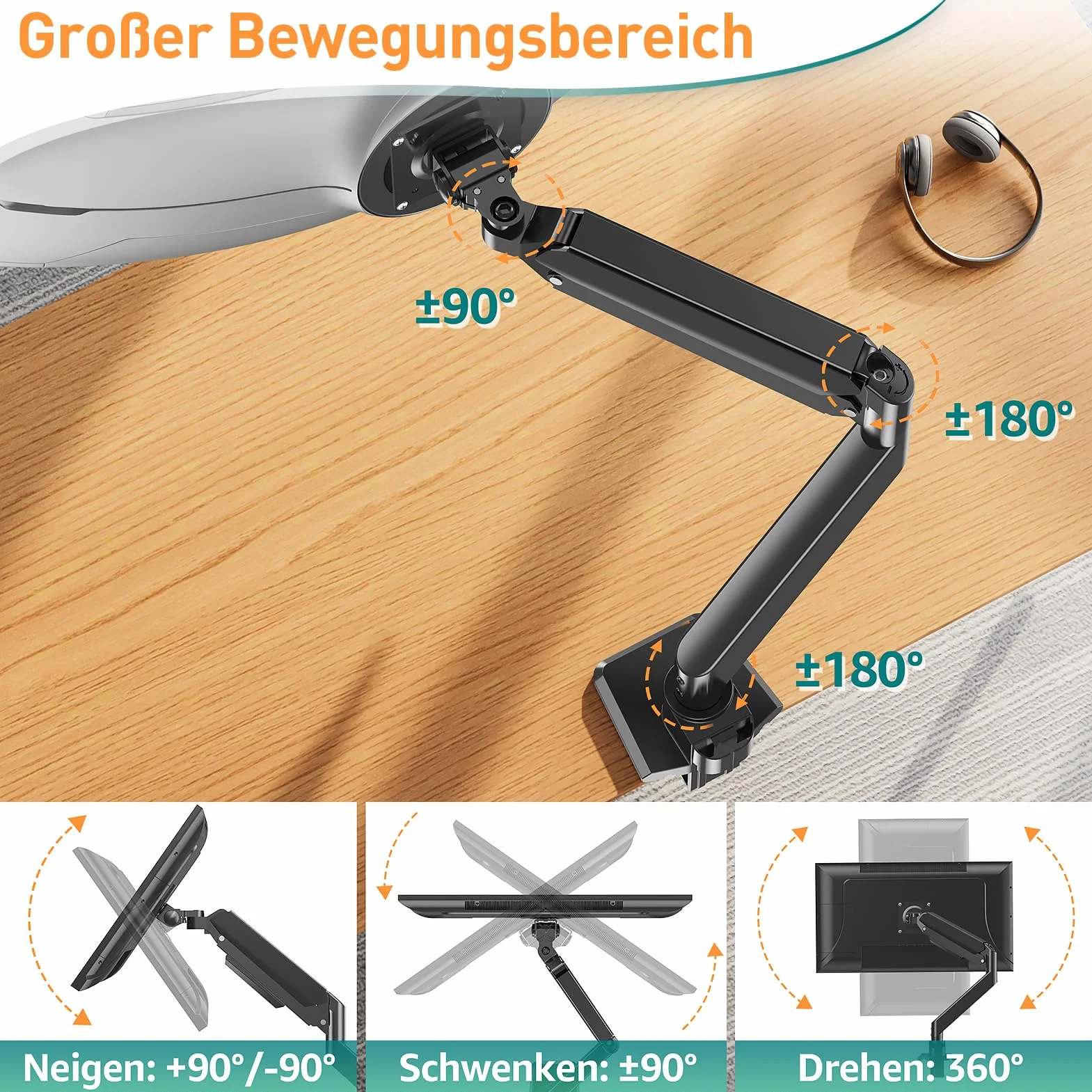 ELIVED EV3227 Ultrawide ramię monitora do ekranu o przekątnej maks. 49 cali, wytrzymały uchwyt biurkowy do monitora 2-20 kg, stojak na komputer ze sprężyną gazową, VESA 75 i 100 mm z zaciskiem i