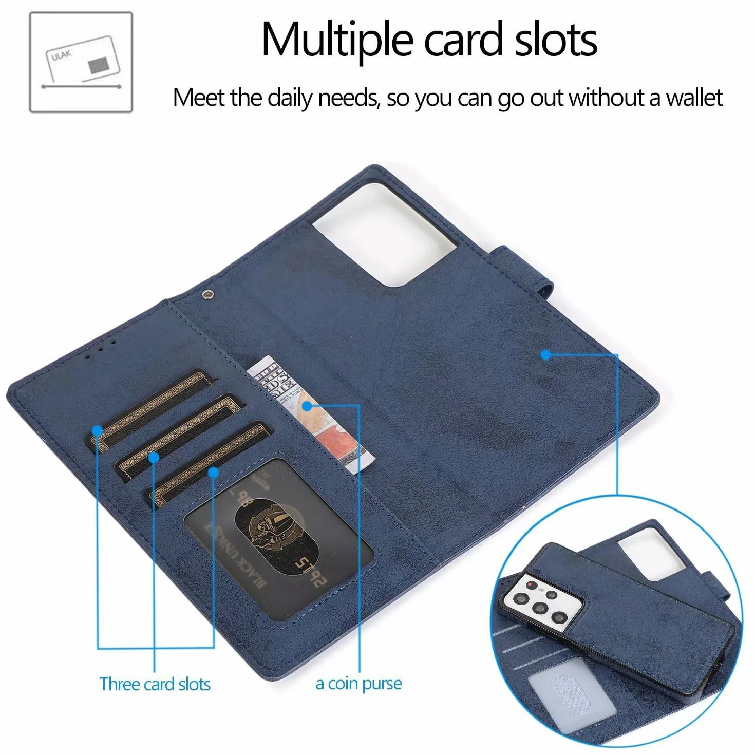 Etui z klapką do Samsung Galaxy S23 Ultra/S23 Plus/S23, retro matowe 2 w 1, magnetyczne odpinane skórzane etui na telefon z przegródką na karty, niebieskie 2, S23 6,1"