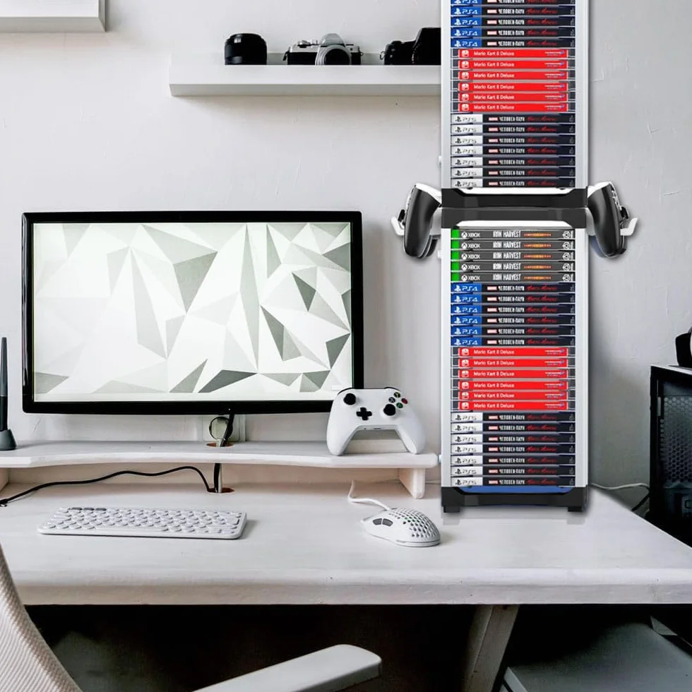 Gry Storage Tower na PS5, regał na płyty do gier wideo na PS4, Xbox Series X, Switch Games i Blu-Ray, pomieści 46 sztuk płyt do gier, łącznie z 2 uchwytami na słuchawki