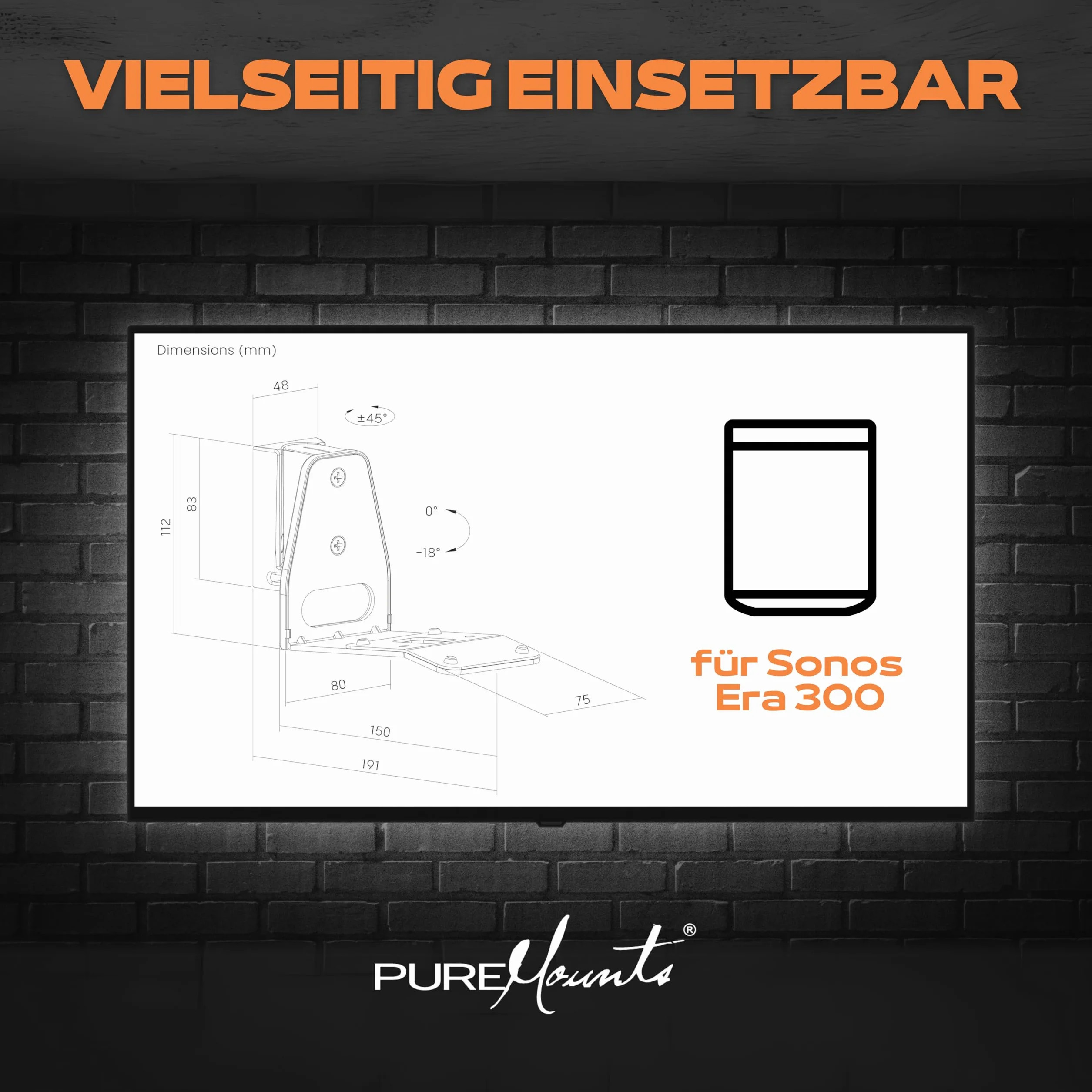 PureMounts Uchwyt na głośniki do Sonos Era 300, uchwyt ścienny na głośnik z zarządzaniem kablami, wychylny +/-45°, udźwig 3 kg, biały