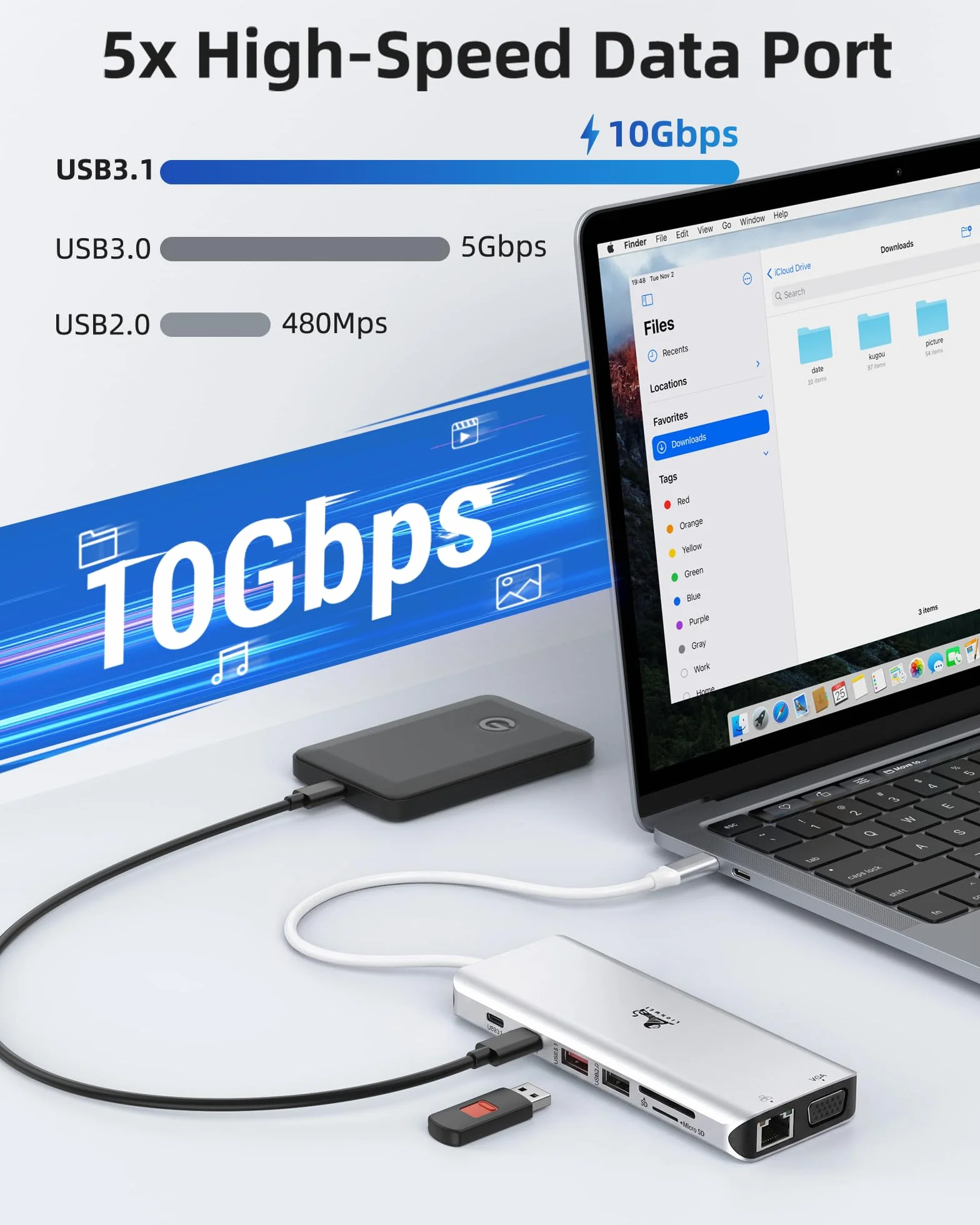 Stacja dokująca USB C 3 monitory 13 w 1 USB-C Hub z 2 HDMI 4K 60 Hz, 8K 30 Hz DisplayPort, VGA, 3 USB 3.1 10 Gb/s, PD 100 W, Gigabit Ethernet, adapter multi-monitora do MacBook Dell HP, kolor srebrny