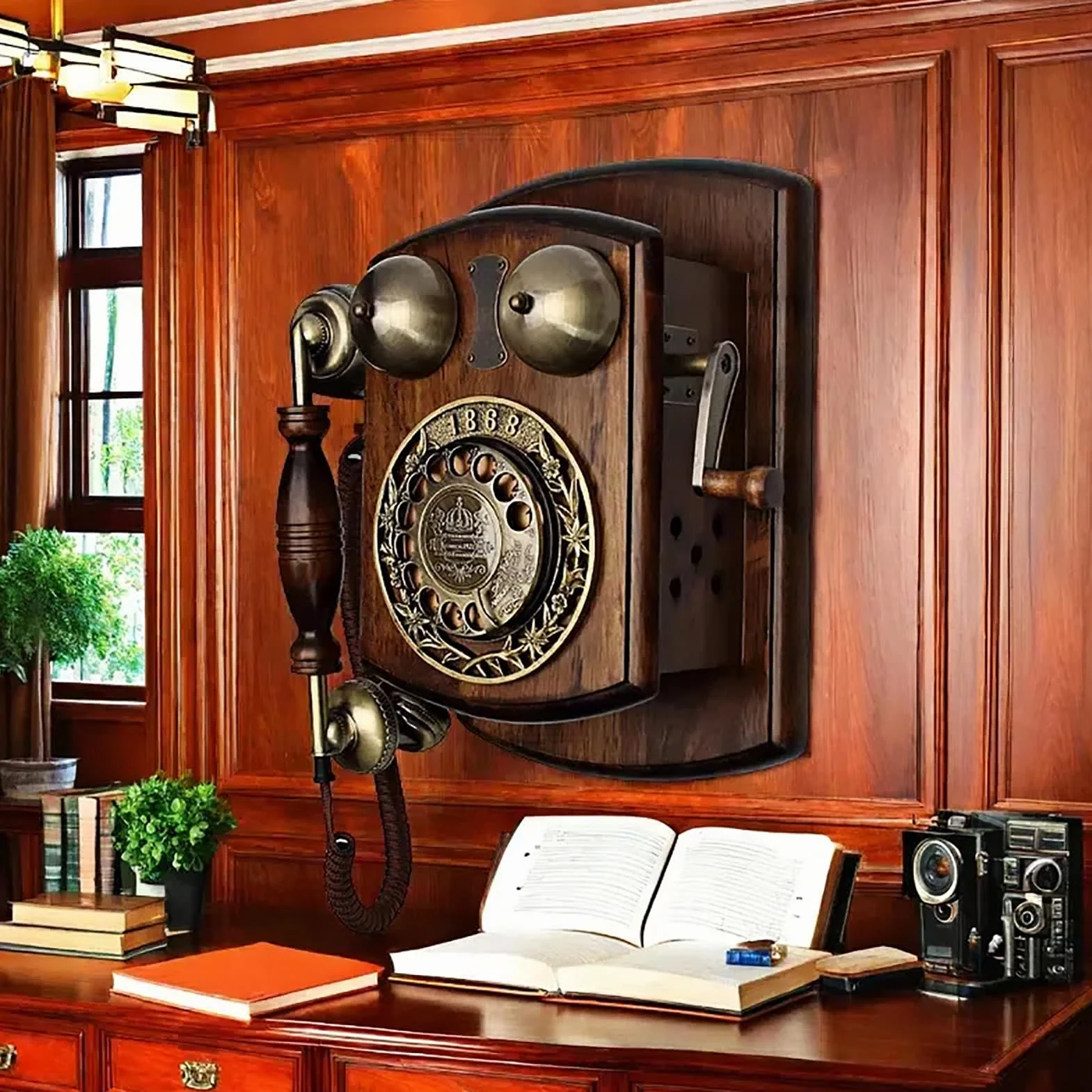 Telefon Stacjonarny Ścienny W Stylu Vintage, Drewniany Telefon Ścienny Z Tarczą Obrotową, Retro Antyczny Telefon Stacjonarny Z Dzwonkiem Mechanicznym, Staromodny Tel