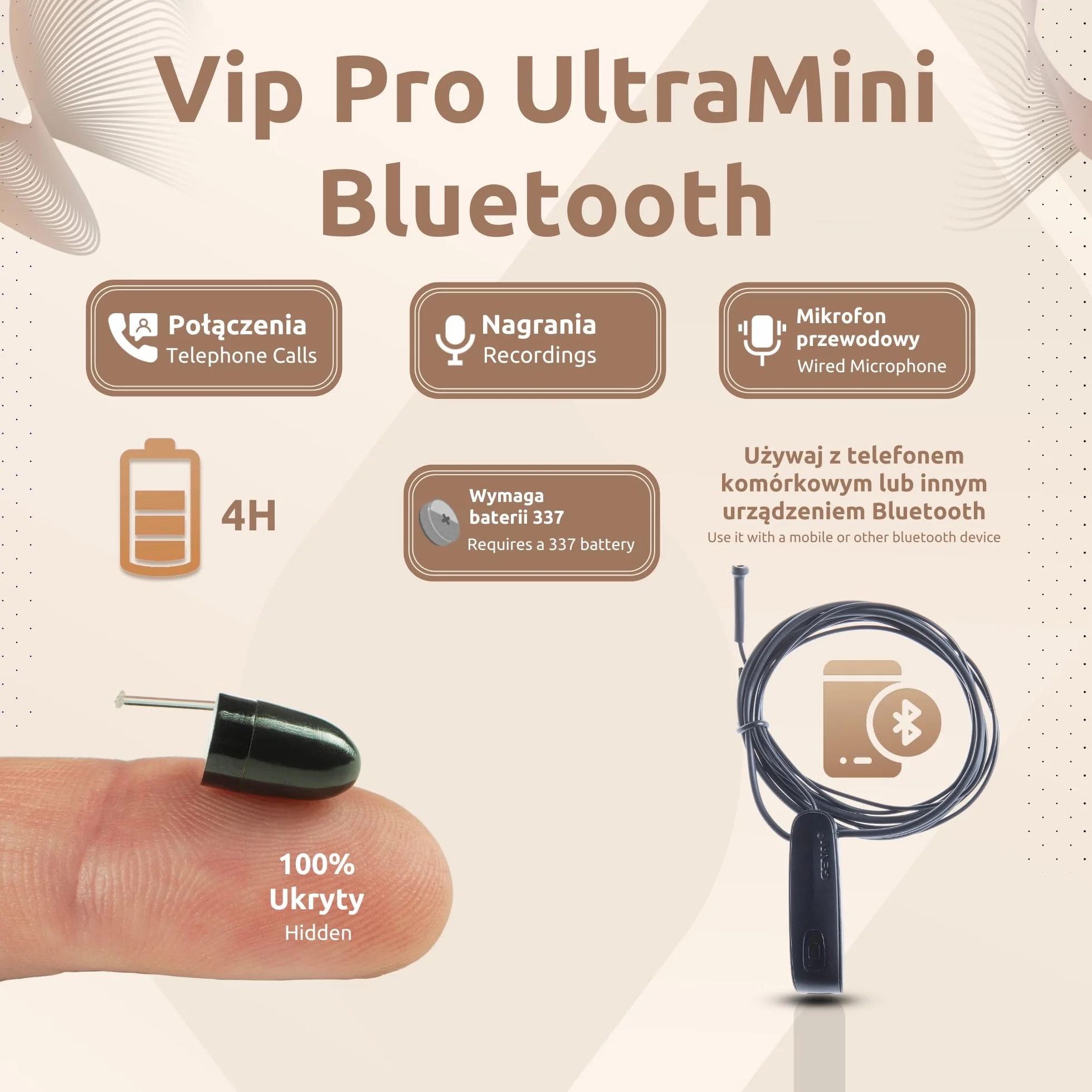 PingaOculto Słuchawka Douszna (Vip Pro UltraMini Bluetooth Mik Przewodowy) | Mikrofon przewodowy, Przycisk wielofunkcyjny, Rozmowy i nagrania, iPhone i Android, Niewidoczna, Bezprzewodowa słuchawka