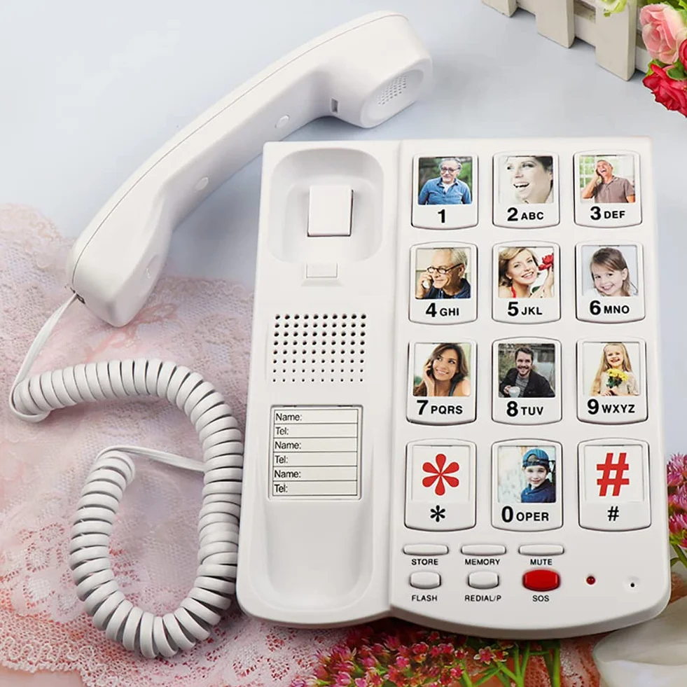 Telefon przewodowy z dużym przyciskiem z regulowaną głośnością dzwonka i głośnikiem głośnomówiącym dla seniorów i niedosłyszących