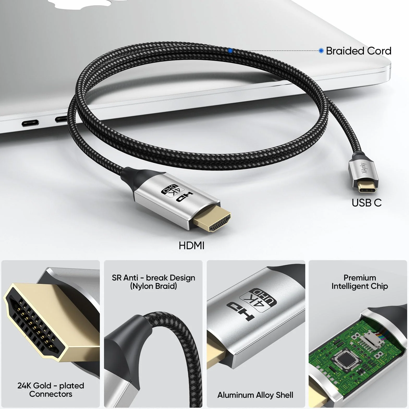 4 m krótki kabel USB C do HDMI, kabel USB C do HDMI 4K (kompatybilny z Thunderbolt 3/4/5), kabel typu C do HDMI do iPhone'a 16/15/Galaxy S25/MacBook Pro Air/Mac mini 2024/iPad Pro/Pixel