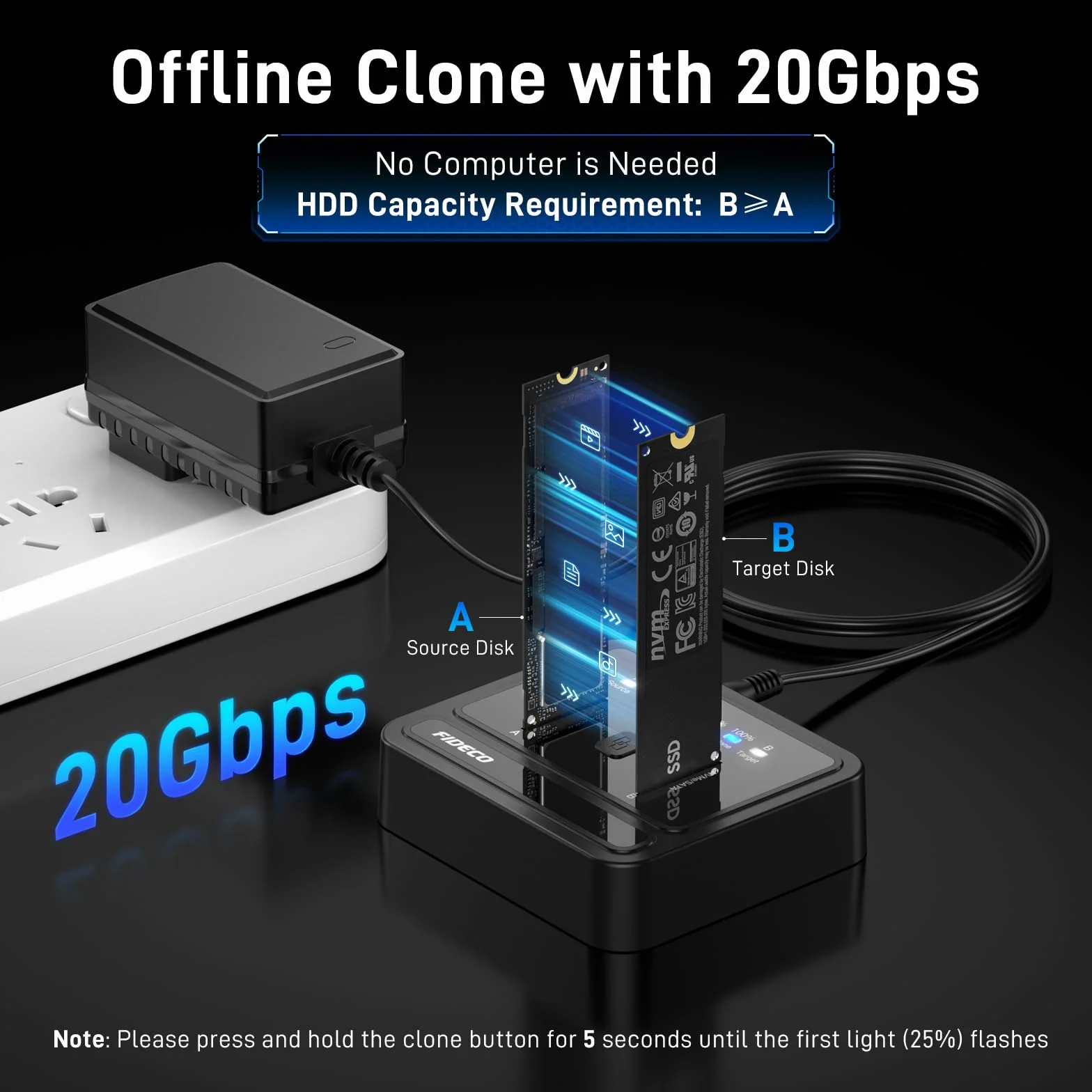 FIDECO M.2 NVMe SATA SSD Cloner Dock, USB 3.2 Gen 2 X 2, 20 Gb/s M.2 NVMe Cloner Duplicator, obsługa klonu offline, UASP i wykończenia, czarna