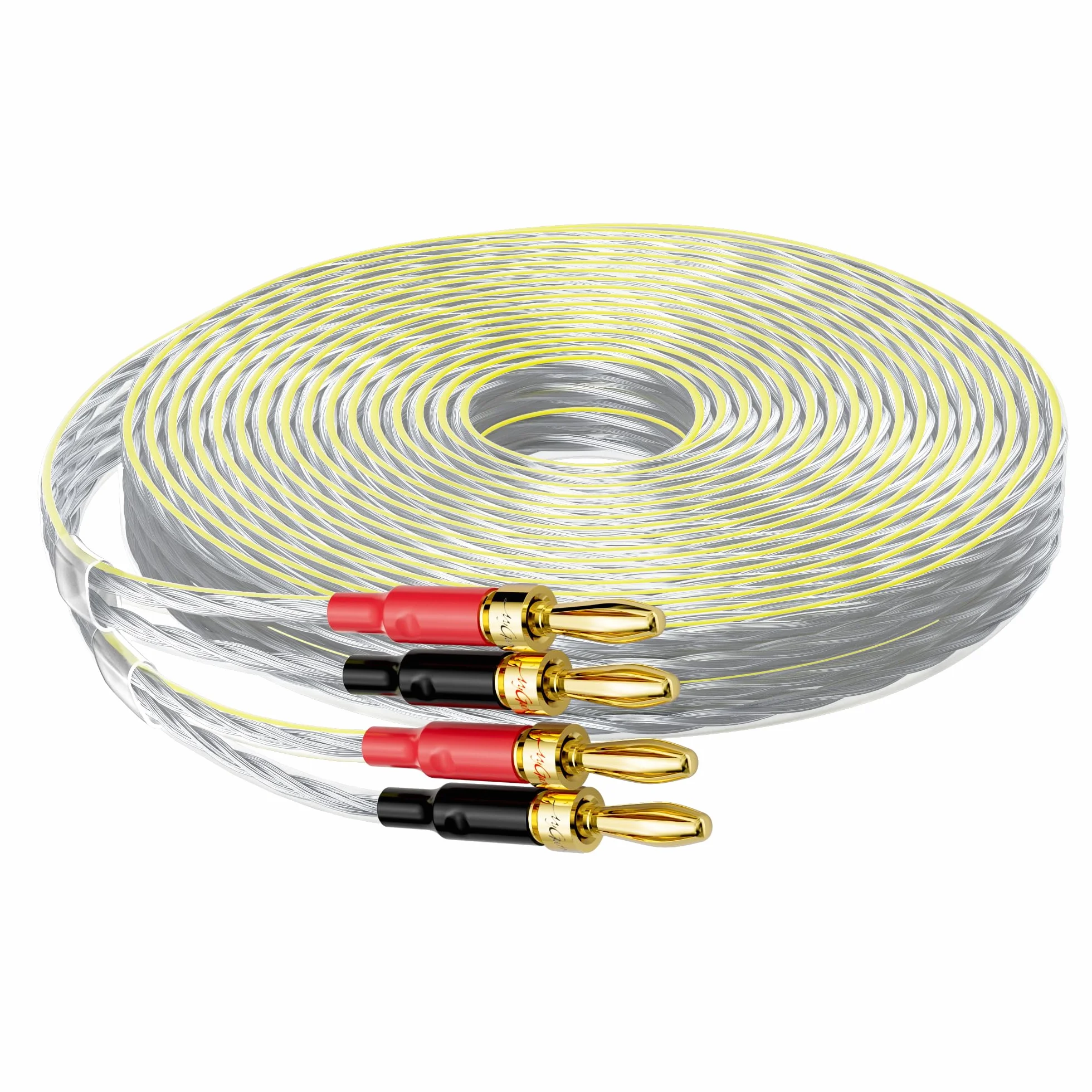 Płaski przewód głośnikowy 16/2 z wtyczkami z końcówką bananową, 90 m, klasa CL3, przewód AWG 16 Gauge, ocynowany miedziany OFC, przezroczysta kurtka z żółtym znacznikiem polaryzacji, do użytku