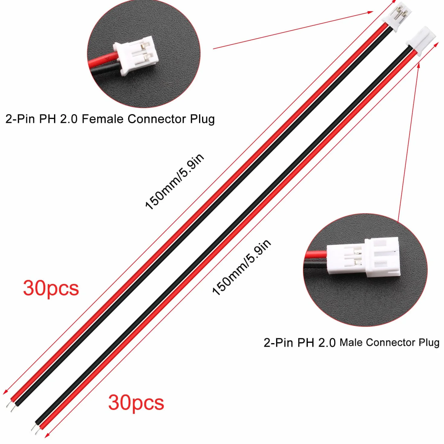 60 sztuk (30 par) JST Mini JST 2.0 PH 2-pinowe złącze męskie i żeńskie z 150 mm 26AWG kabel, JST Micro elektryczne gniazdo wtykowe