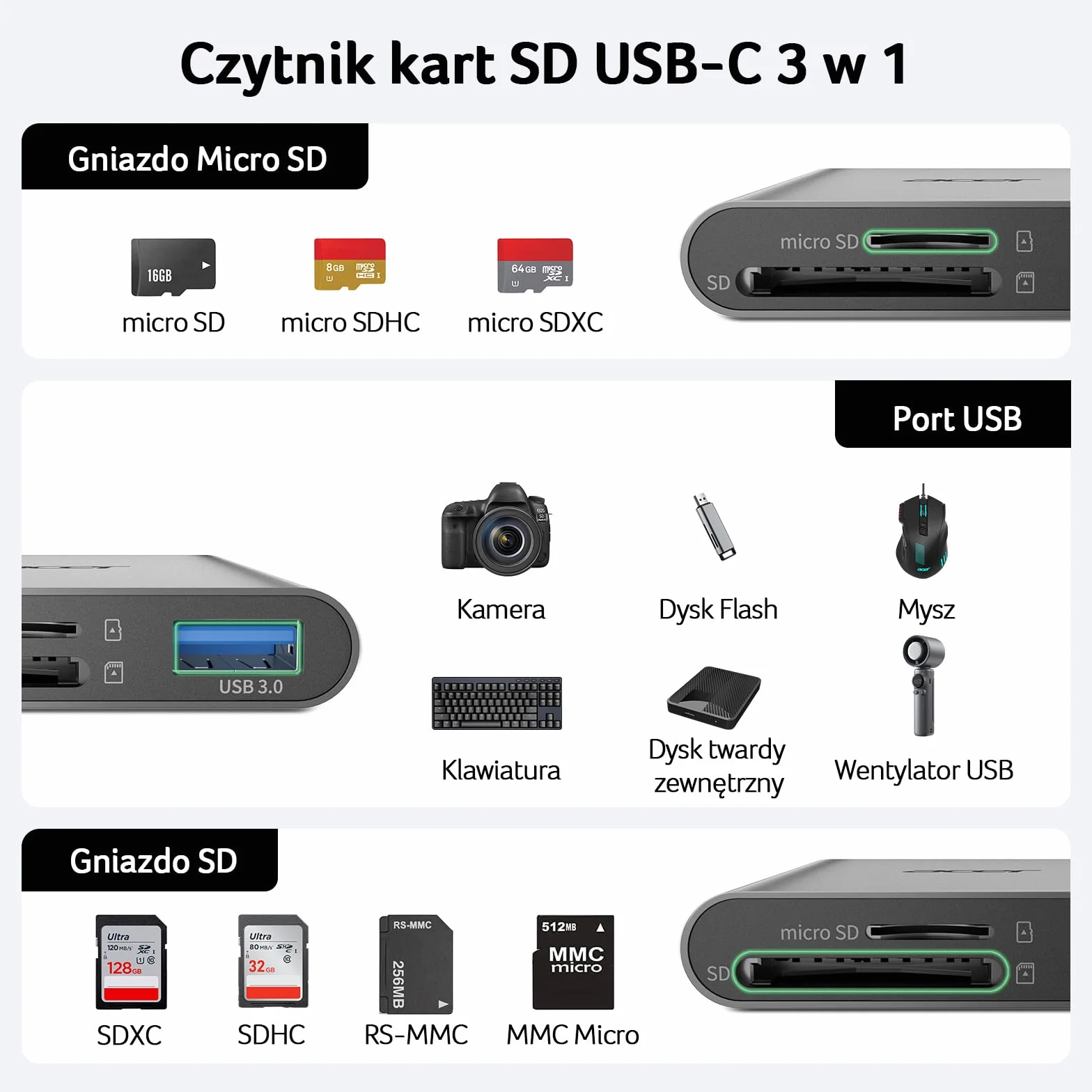 Acer Czytnik kart SD USB 3.0 Adapter 3 w 1 USB C Aluminium karta pamięci TF UHS-I SDXC SDHC MMC RS-MMC do iPhone 16 15 MacBook Pro Air iPad Pro Android Galaxy S24
