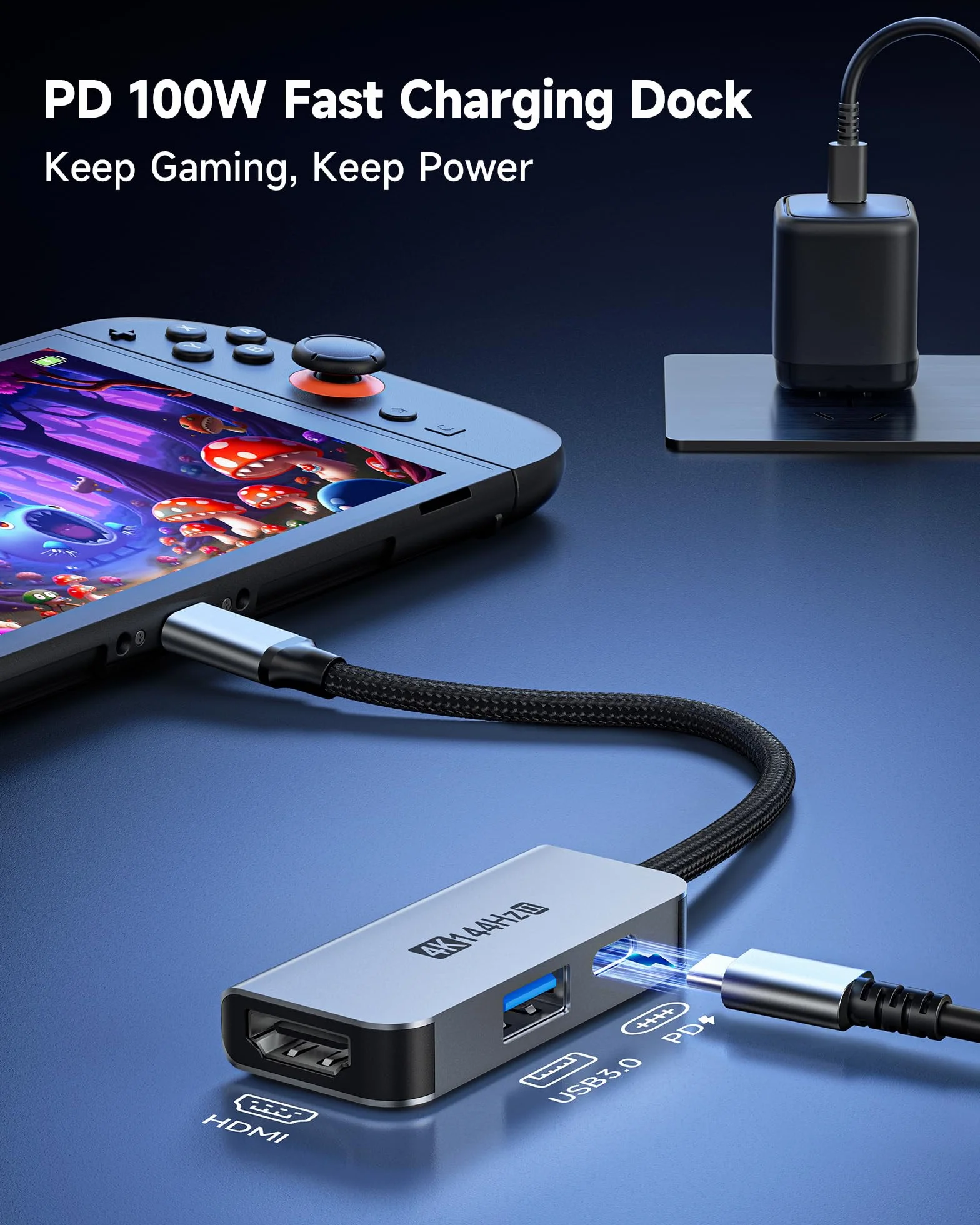 2-portowy adapter HDMI 2.1, ultra 4K 144 Hz 120 Hz HDR i 48 Gb/s, szybkie ładowanie PD 100 W, przenośna podróżna stacja dokująca do telewizora, kompatybilna z Nintendo Switch 2 (tylko poniżej