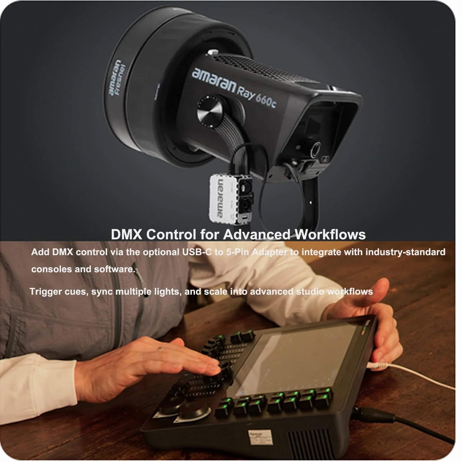 Amaran Ray 660c Full Color RGB Video Light, 660 W Bowens Mount Oświetlenie ciągłe wyjście CCT 1800 K-20 000 K, 38 500 luksów przy 1 m Obsługa APP/DMX Control 12 efektów do fotografii