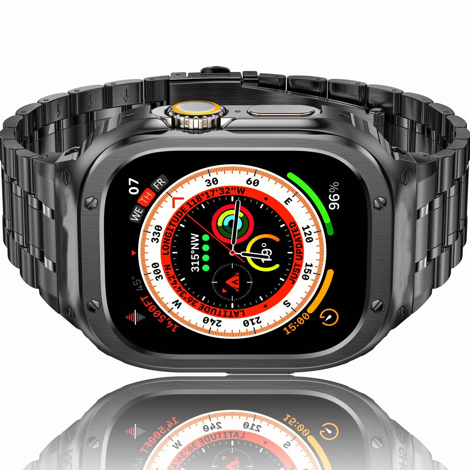 HASLFM Pasek do zegarka Apple Watch z etui, kompatybilny z iWatch Series Ultra (49 mm) 8/7 (45 mm/41 mm) 6/5/4/SE (44 mm/40 mm) 3/2/1 (42 mm/38 mm), paski do iWatch ze stali nierdzewnej i metalowy