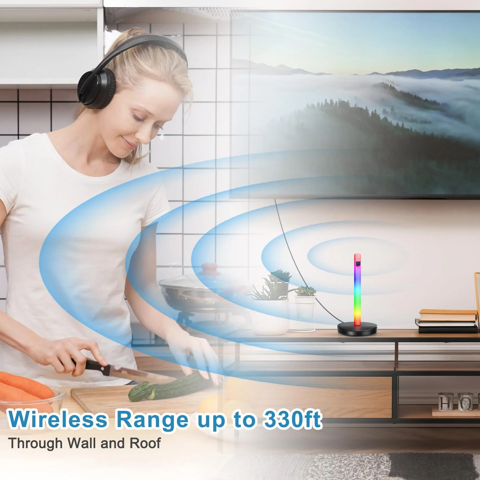 Bezprzewodowy zestaw słuchawkowy do telewizora, z nadajnikiem radiowym i stojakiem, słuchawki nauszne Bluetooth, zasięg 330 m, bez opóźnienia