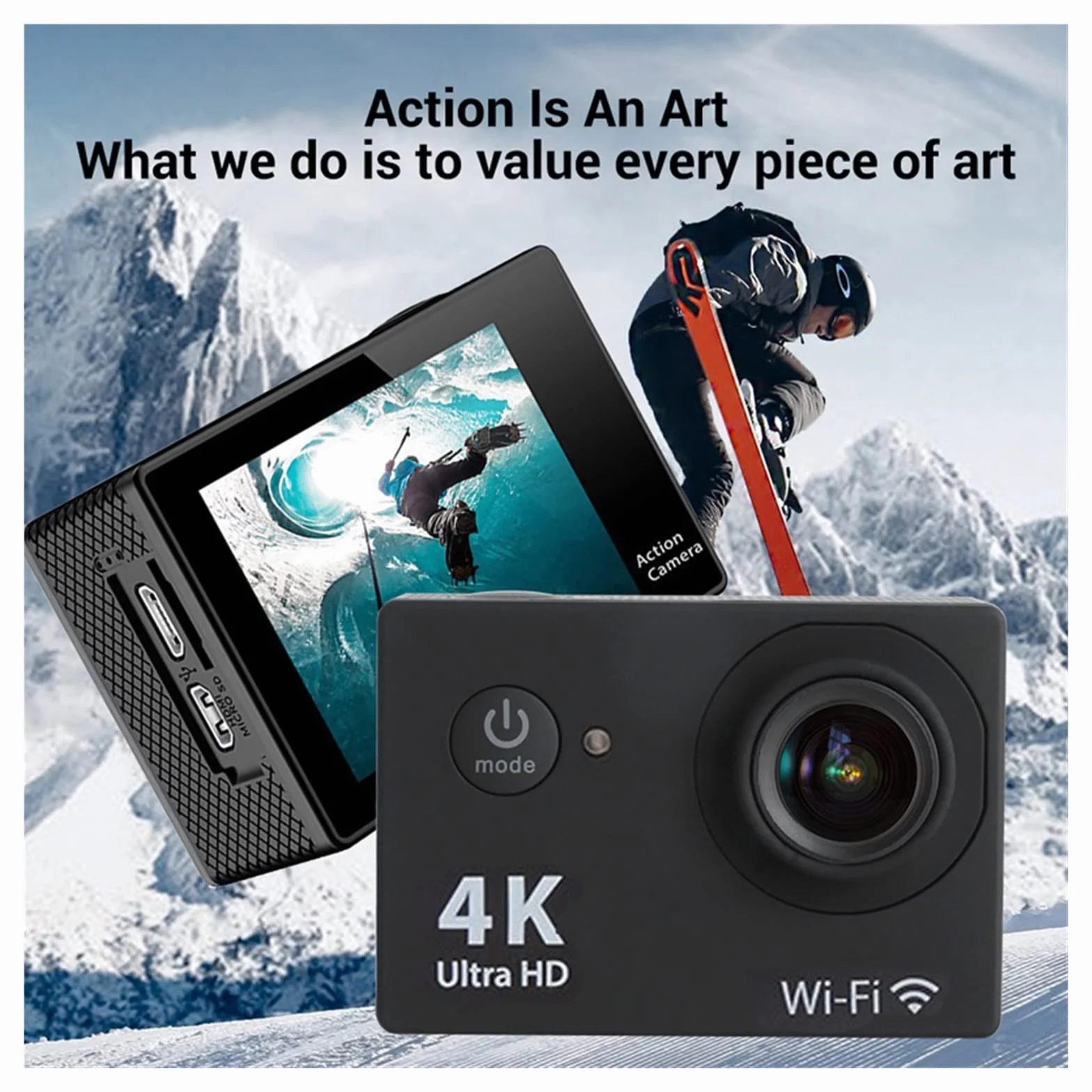 Kamera sportowa ze stabilizacją obrazu, Wodoodporna kamera akcji 4K Ultra HD 4K Kamera akcji 1080P / 30fps 2,0-calowy ekran 170D Wysoka liczba klatek na sekundę Stabilna wydajność(32G Card,Wit)