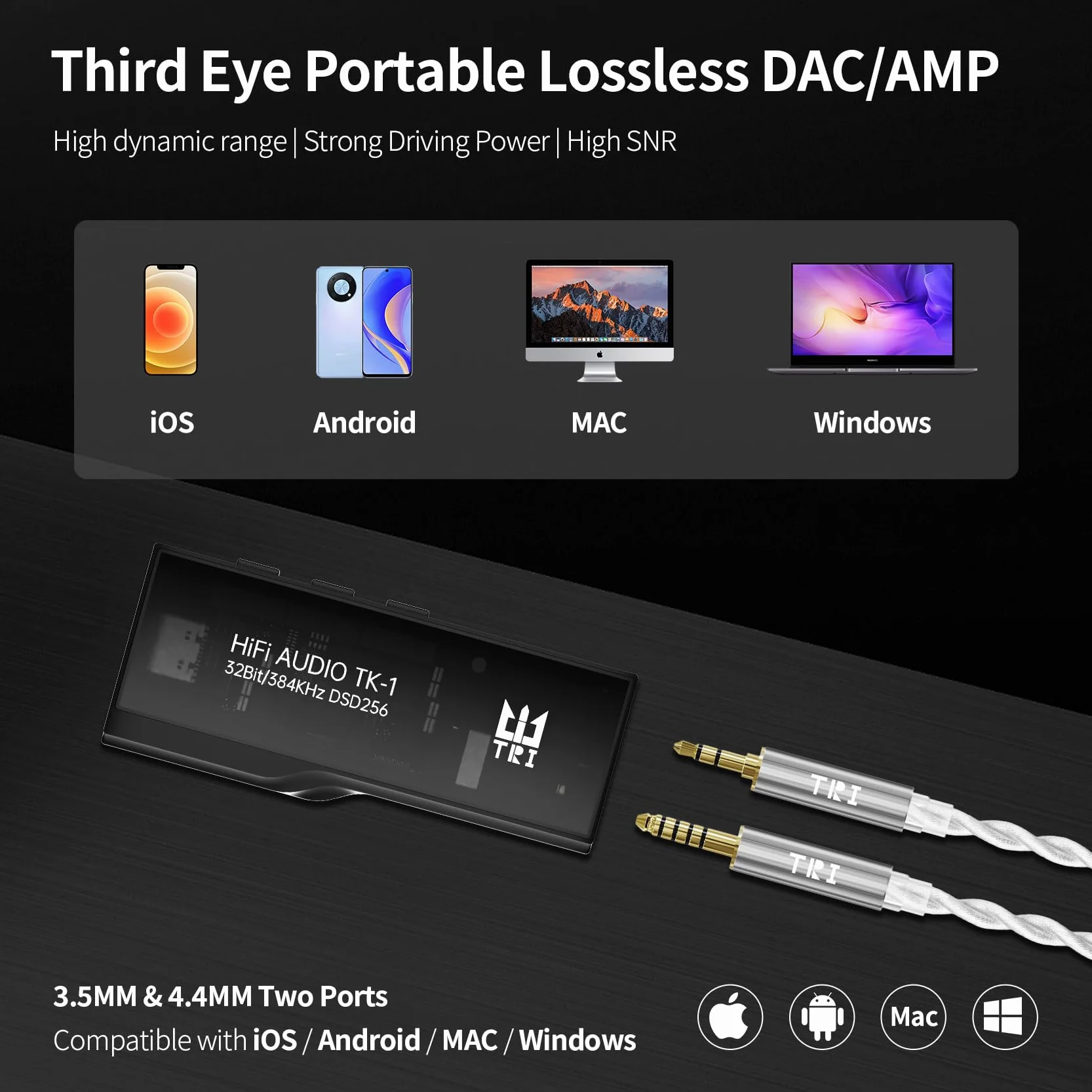 Yinyoo TRI TK1 Protable DAC wzmacniacz słuchawkowy, podwójne chipy CS43131, 32 bity, 384 kHz, DSD256, Dongle DAC, do audio Hi-Fi, z kablem przejściowym USB-C na USB-C, do gniazda słuchawkowego 3,5 mm