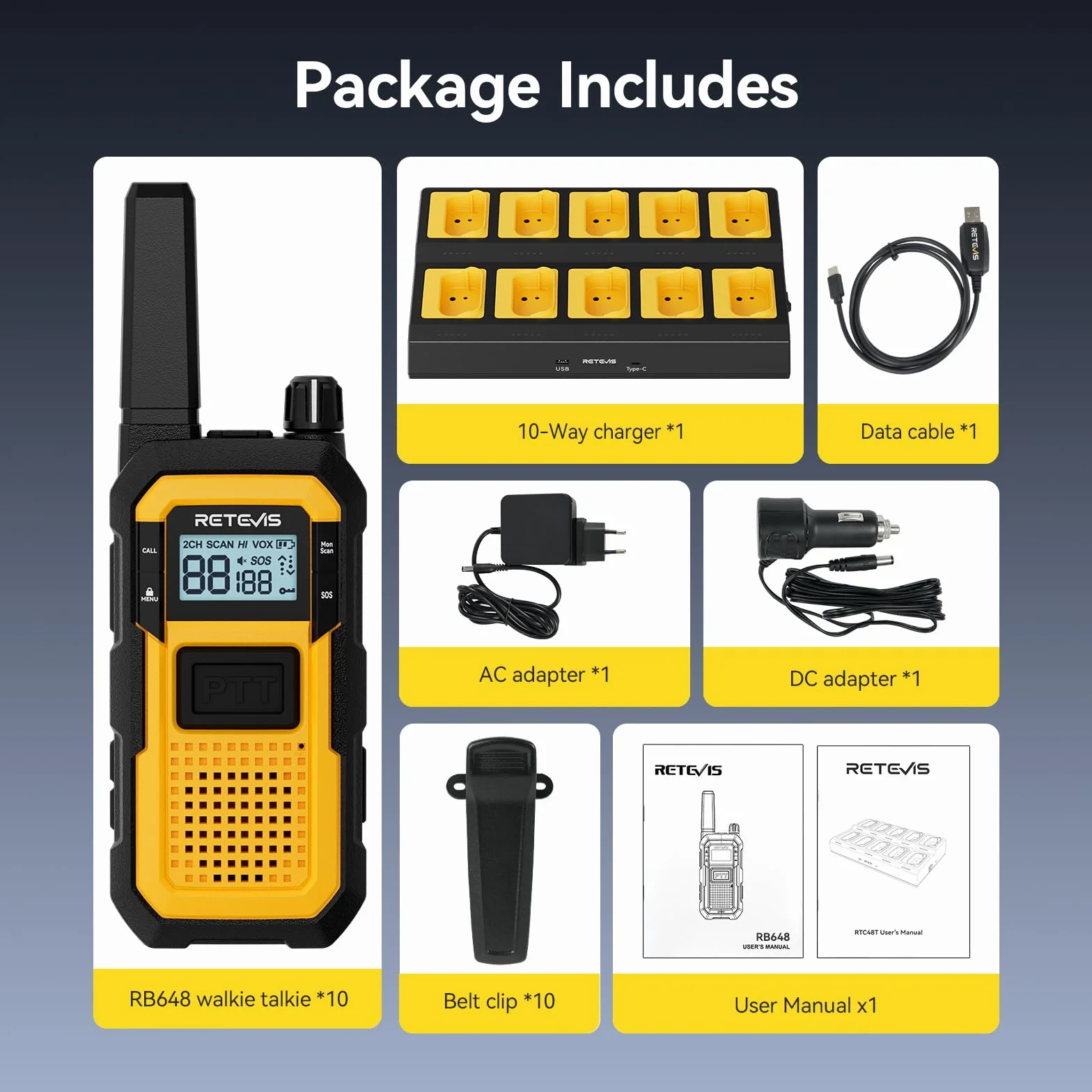 Retevis RB648 Walkie Talkies for Adults, Wodoodporne Krótkofalówki IP67, 2000 mAh, Podwójny PTT, Heavy Duty, SOS Vibration Professional, Wyposażony w ładowarkę 10-portową (10 Szt, Żółty)
