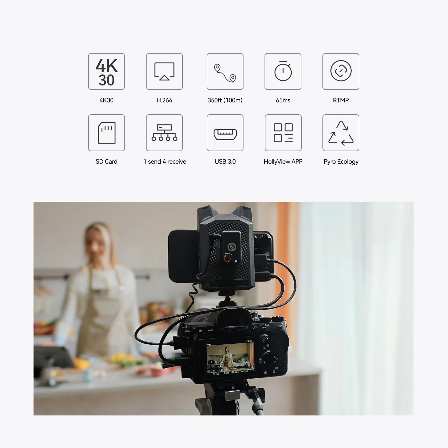 Hollyland Vcore 4K30/HD bezprzewodowy system wideo: monitorowanie 4 urządzeń, wbudowany akumulator, gniazdo na karty pamięci, streaming YouTube/Twitch, nadajnik HDMI do systemu Android.