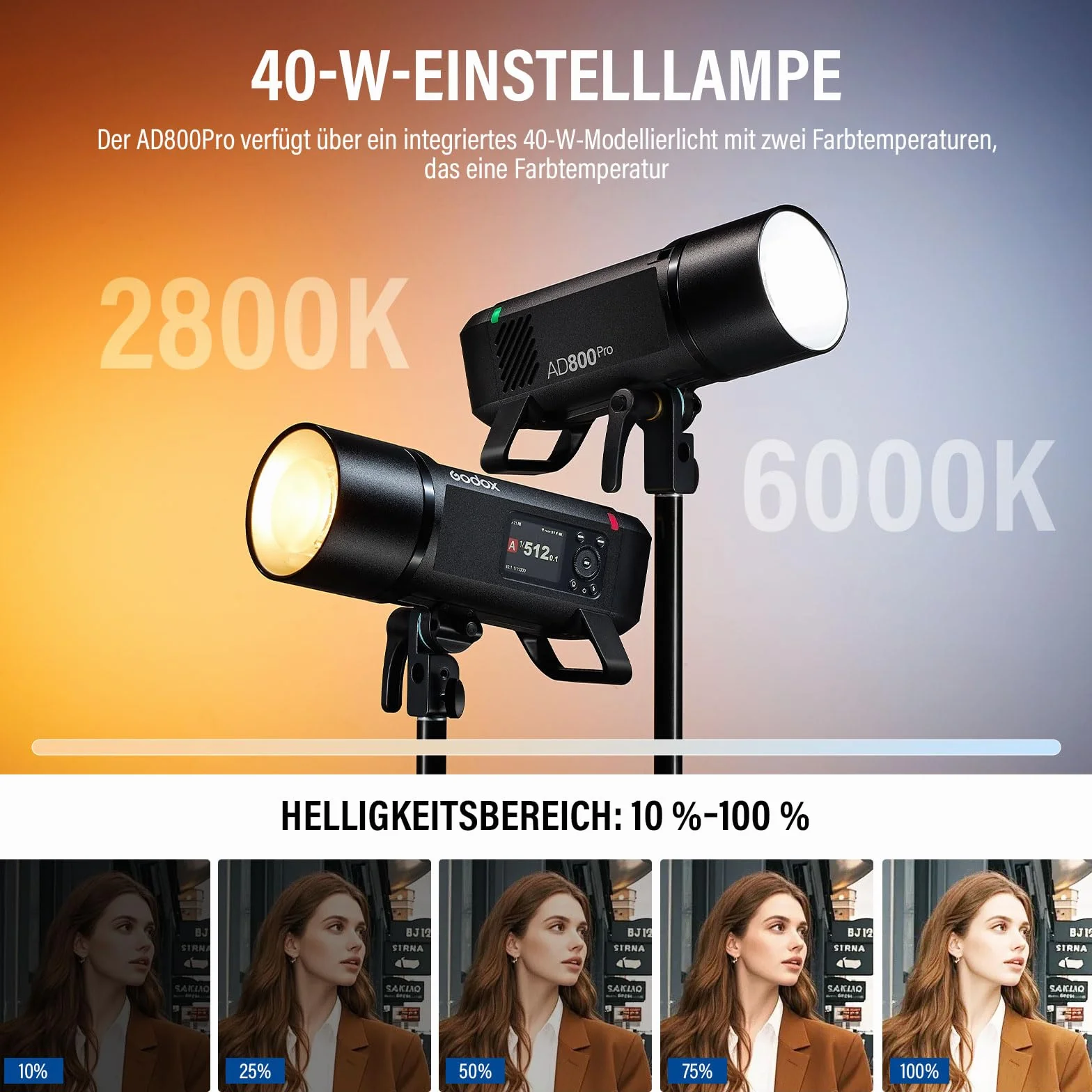 GODOX AD800Pro 800W TTL lampa błyskowa zewnętrzna, 2,4 G Wireless HSS 1/8000s, zdejmowana bateria litowa, 10-stopniowa regulacja, 40 W, podwójny tryb lampy 2800K-6000K, czas ładowania 0,01-1,5, 300