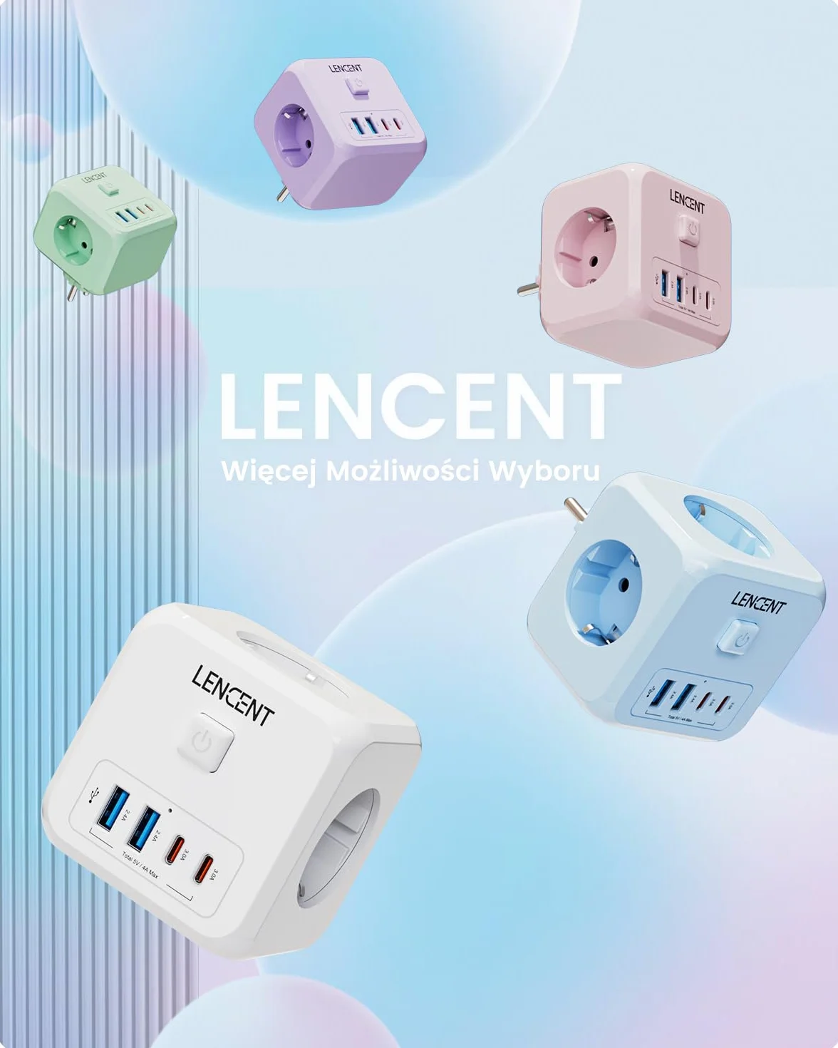 LENCENT Listwa Zasilająca 7 w 1, Listwa Zasilająca 4000 W, Wielokrotne Gniazdko z Przełącznikiem, 3 Gniazda AC, 2 USB-A i 2 Typu C, Rozszerzenie do Biura, Kuchni i Sypialni, Różowa