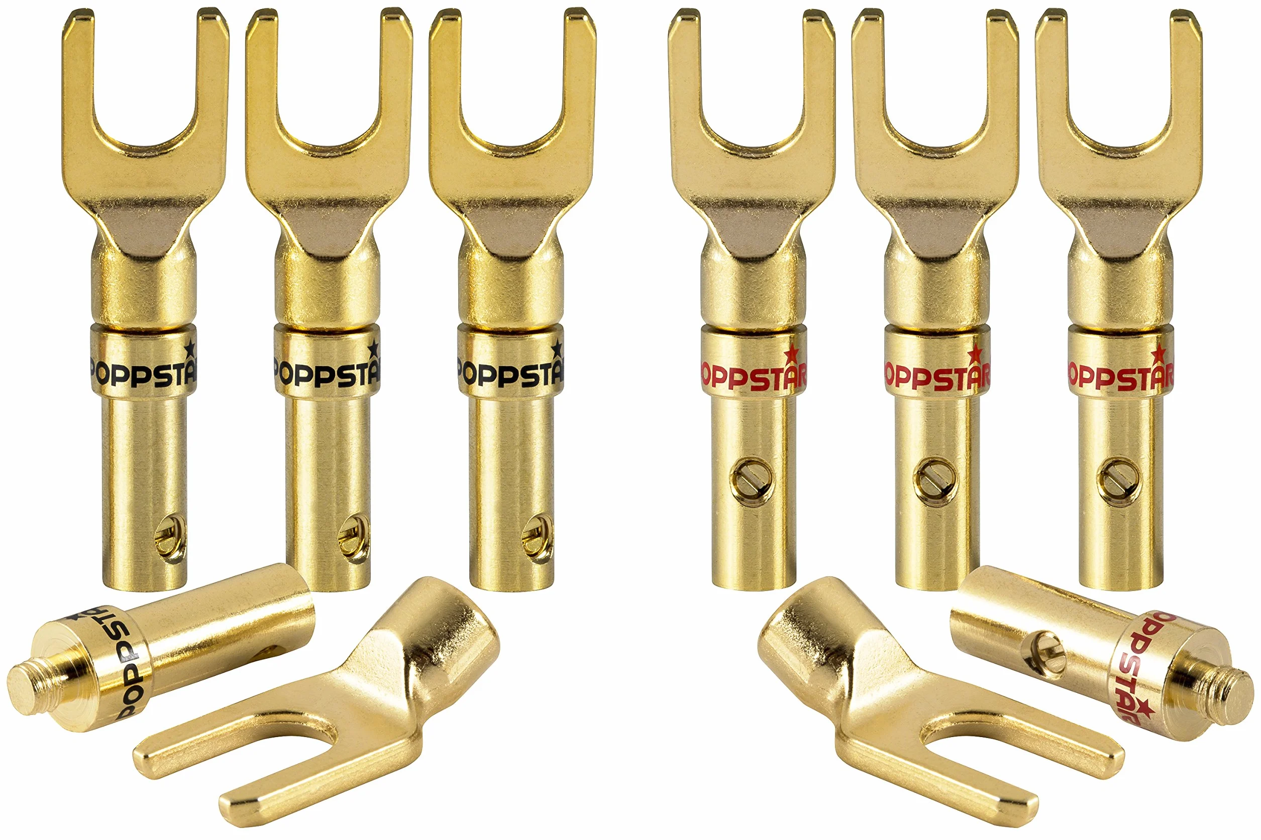 Poppstar 8 końcówek kablowych high end, wtyki widełkowe do elektrycznego połączenia kabli głośnikowych o przekroju maks. 4mm², pozłacanych 24k