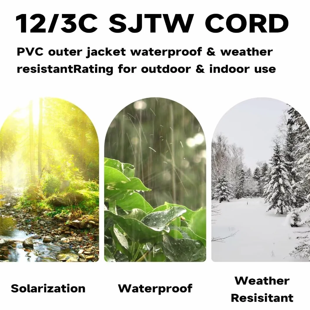 SJTW 12/3 m podświetlany zewnętrzny kabel przedłużający do dekoracji bożonarodzeniowych, wytrzymały czarny przedłużacz z wtyczką 3-pinową, kabel zasilający 15 A do trawnika ogrodowego,
