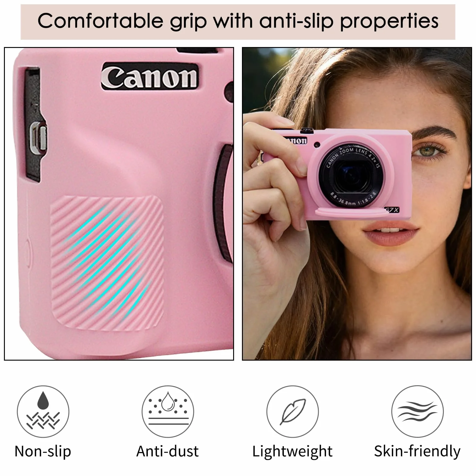 VOVMOEYA Etui na aparat do Canon Powershot G7 X Mark III z 2 szt. ochraniaczy ekranu, pełna ochrona, miękkie silikonowe etui G7X III, zdejmowana osłona obiektywu do Canon G7XIII G7X3-różowe