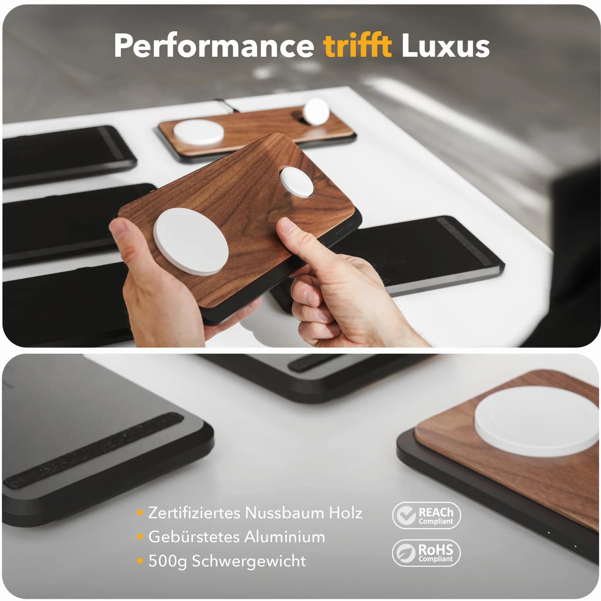 Woodcessories Multibase Pro - 3 w 1 drewniana stacja ładująca | Magsafe ładowarka | indukcyjna stacja ładująca do iPhone'a, Apple Watch, Air Pods w zestawie z adapterem Power 45 W