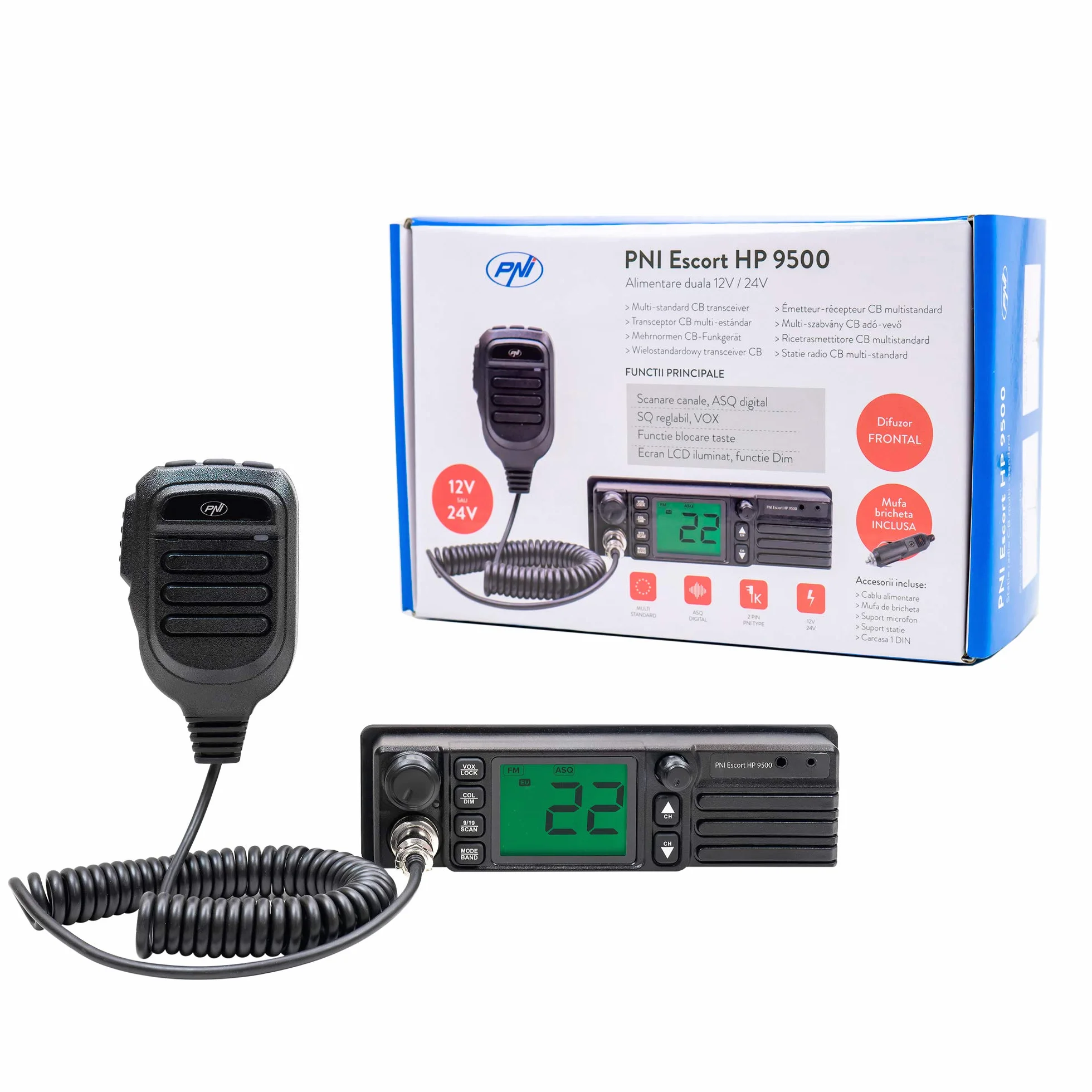 Radiotelefon CB PNI Escort HP 9500 Multistandard, ASQ, VOX, Scan, 4W, AMFM, 12V / 24V zasilacz sieciowy, wtyczka zapalniczki w zestawie