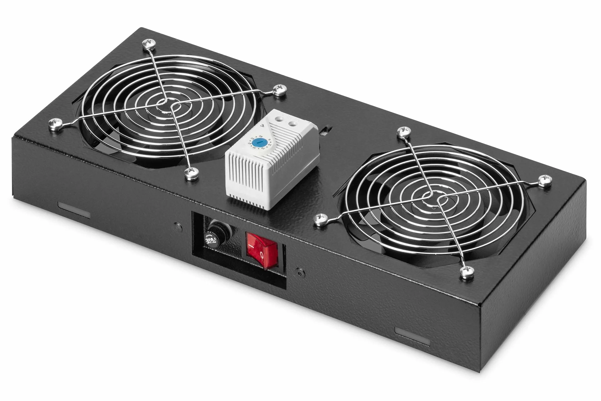 DIGITUS Wentylator dachowy do 19-calowej obudowy sieciowej – 2 wentylatory – termostat – przepływ powietrza 4,6 m³ na minutę – do serii Unique, Dynamic Basic, SOHO i SOHO Pro – czarny