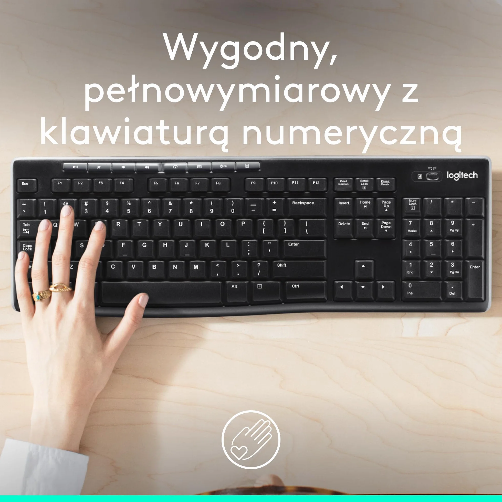 Logitech K270 Klawiatura Bezprzewodowa 2.4 GHz, pełnowymiarowa, 8 klawiszy multimedialnych, 2 lata pracy na baterii, zgodna z komputerem PC/laptopem z Windows, QWERTY układ US international - Czarny