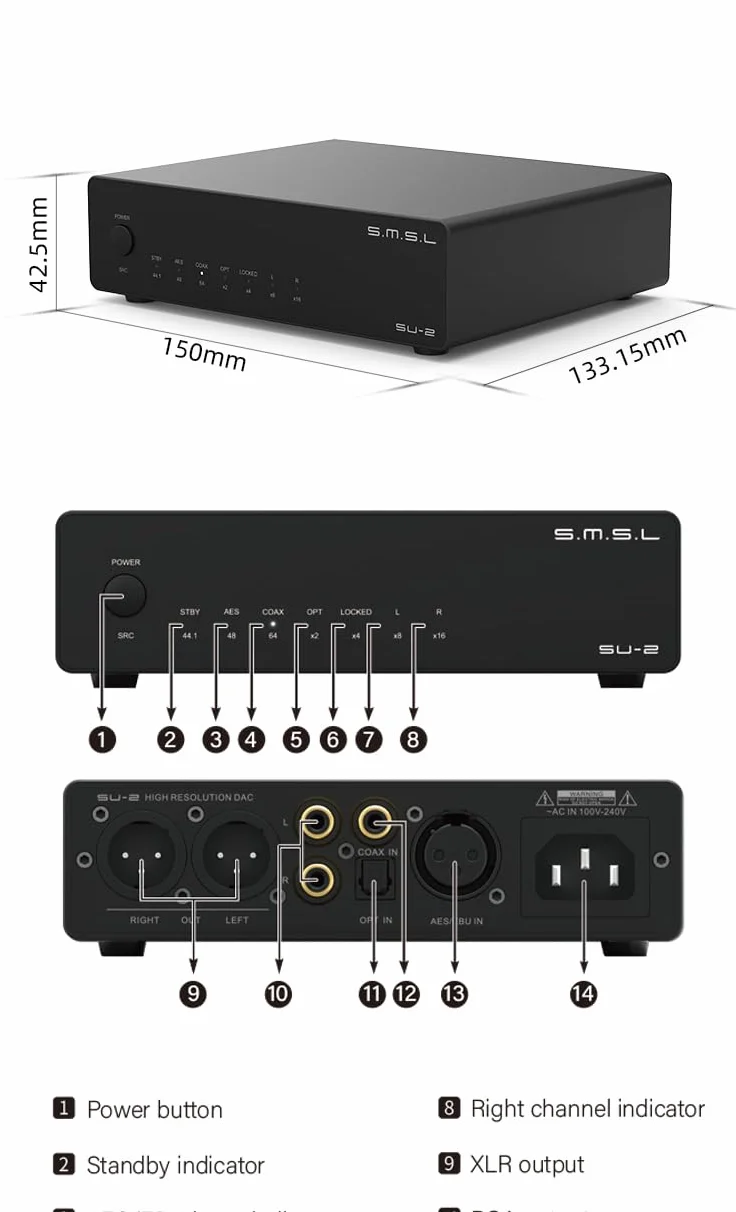 Fanmusic SMSL SU-2 Dekoder High Resolution ES9039Q2M 4 chipy OPA1612A THD+N 0,00006% sinad 123,5 dB DAC