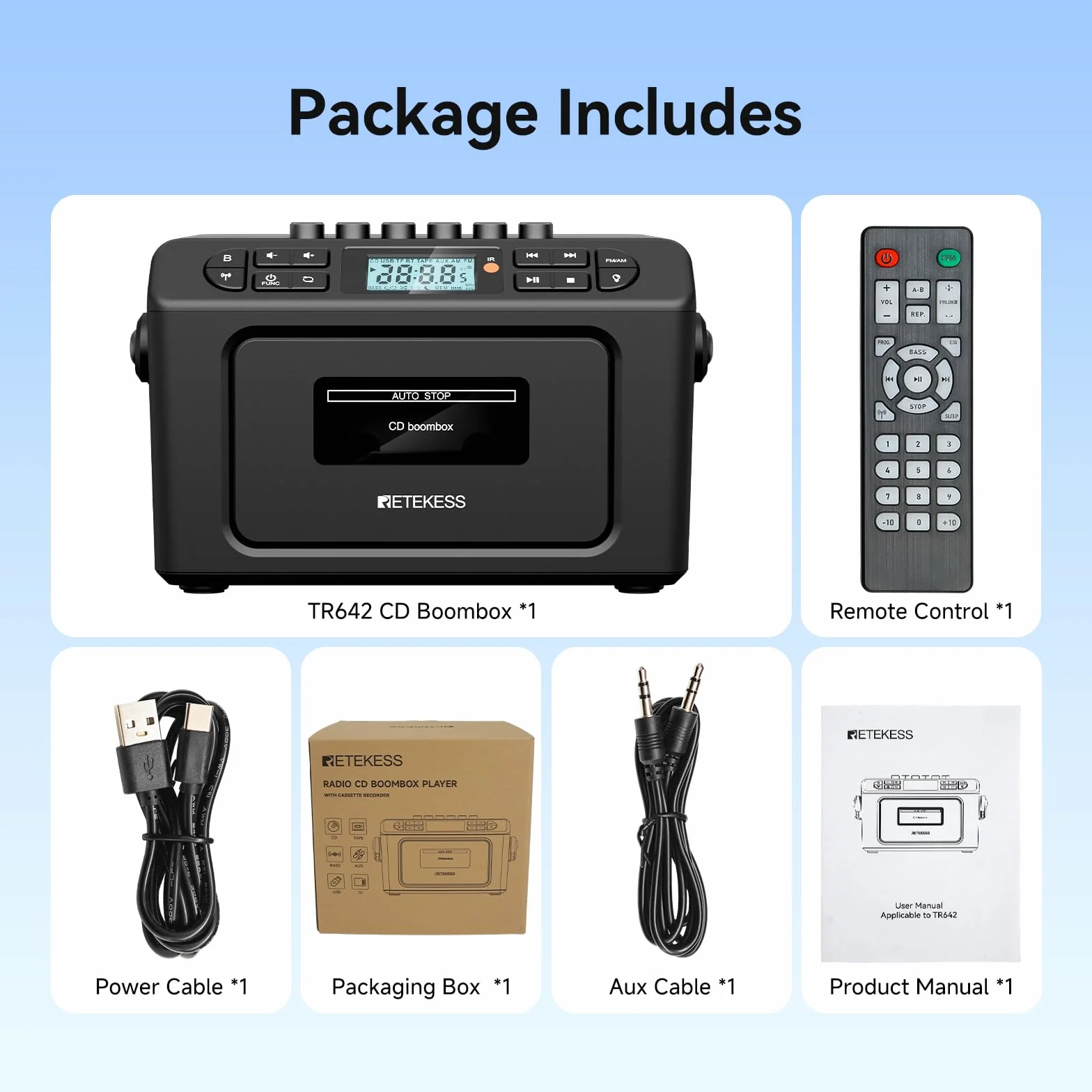 Retekess TR642 Przenośny Odtwarzacz CD Boombox | Do Rozrywki Domowej, Bezprzewodowe Połączenie, Porty USB/AUX/TF, Ładowalny Akumulator, Podświetlenie Nastrojowe, Z Pilotem
