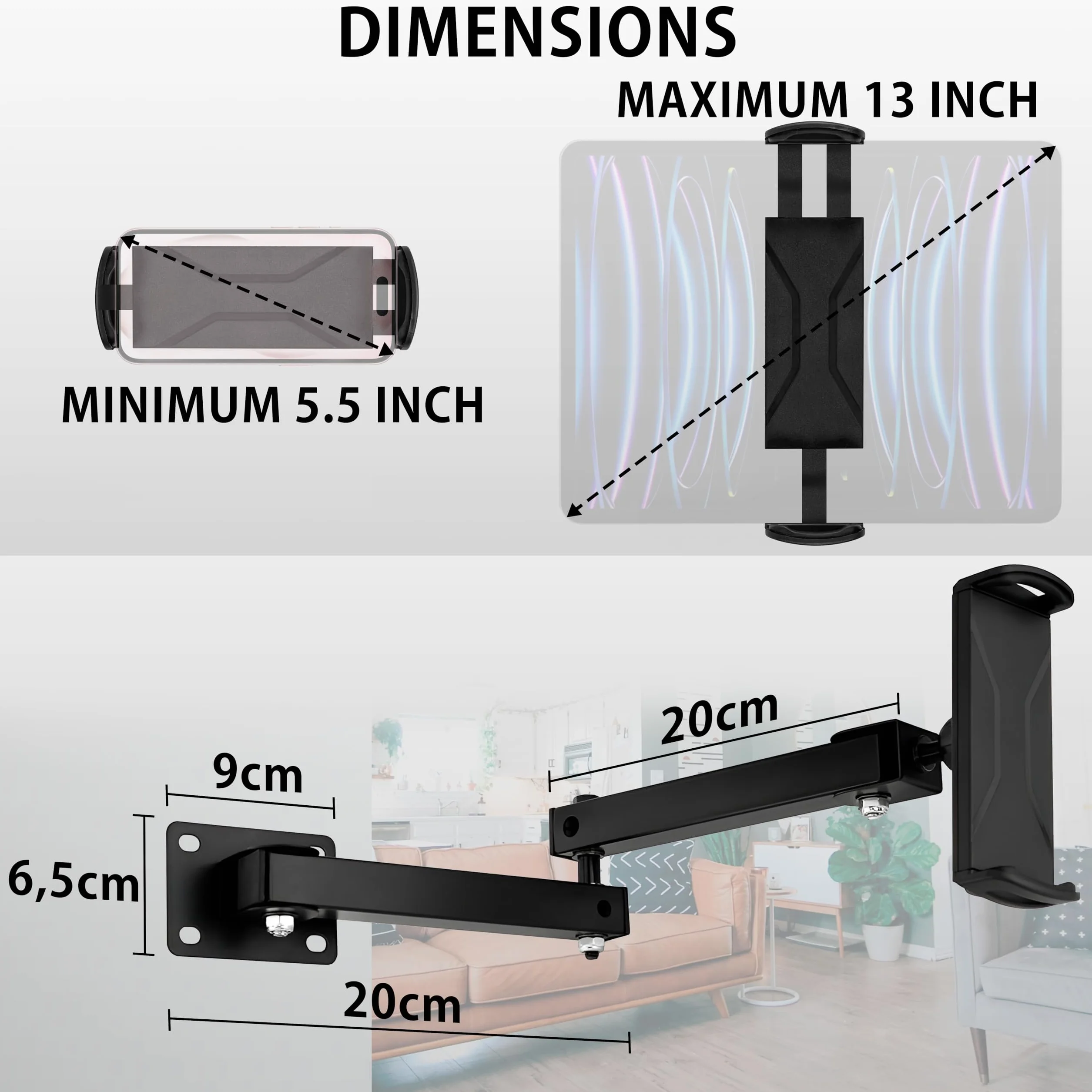 MyGadget Uchwyt ścienny do tabletu - ekrany 5,5-13 cali - obrót o 360° - wysuwany w min. 10 cm i maks. 45 cm - idealny do iPada | Samsung Tab itp.