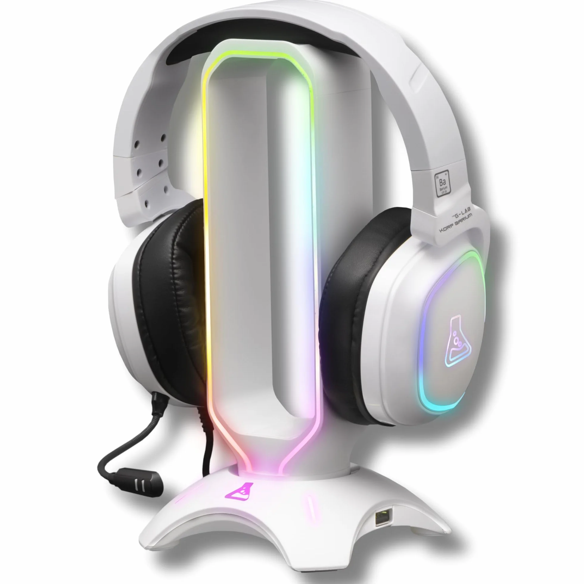 G-Lab K-Stand Radon - Podświetlenie RGB, hub USB 2 x 2.0, antypoślizgowa podstawa - Uniwersalny uchwyt do słuchawek i mikrofonu do gier - Biały