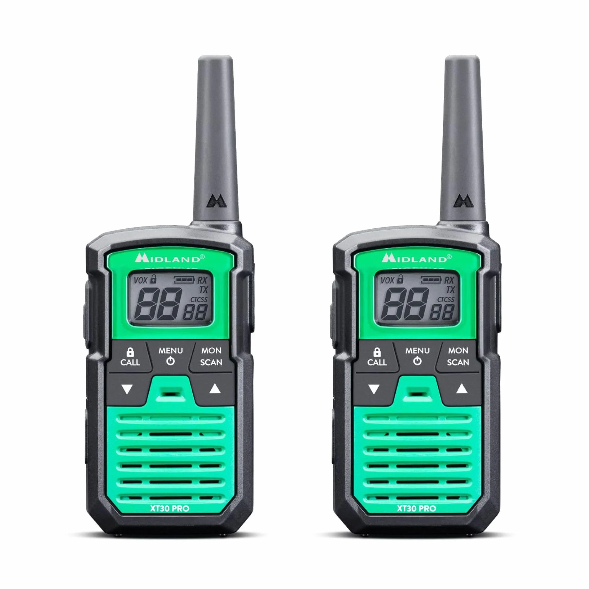 Midland XT30 PRO Doble, Walkie Talkie Profesional de Carga Rápida, 16 Canales PMR446 y Canal RRM, 38 Tonos CTCSS, Resistente a Salpicaduras, Recargable USB, Alcance de 6 Km, Verde/Negro, 2 Unidades