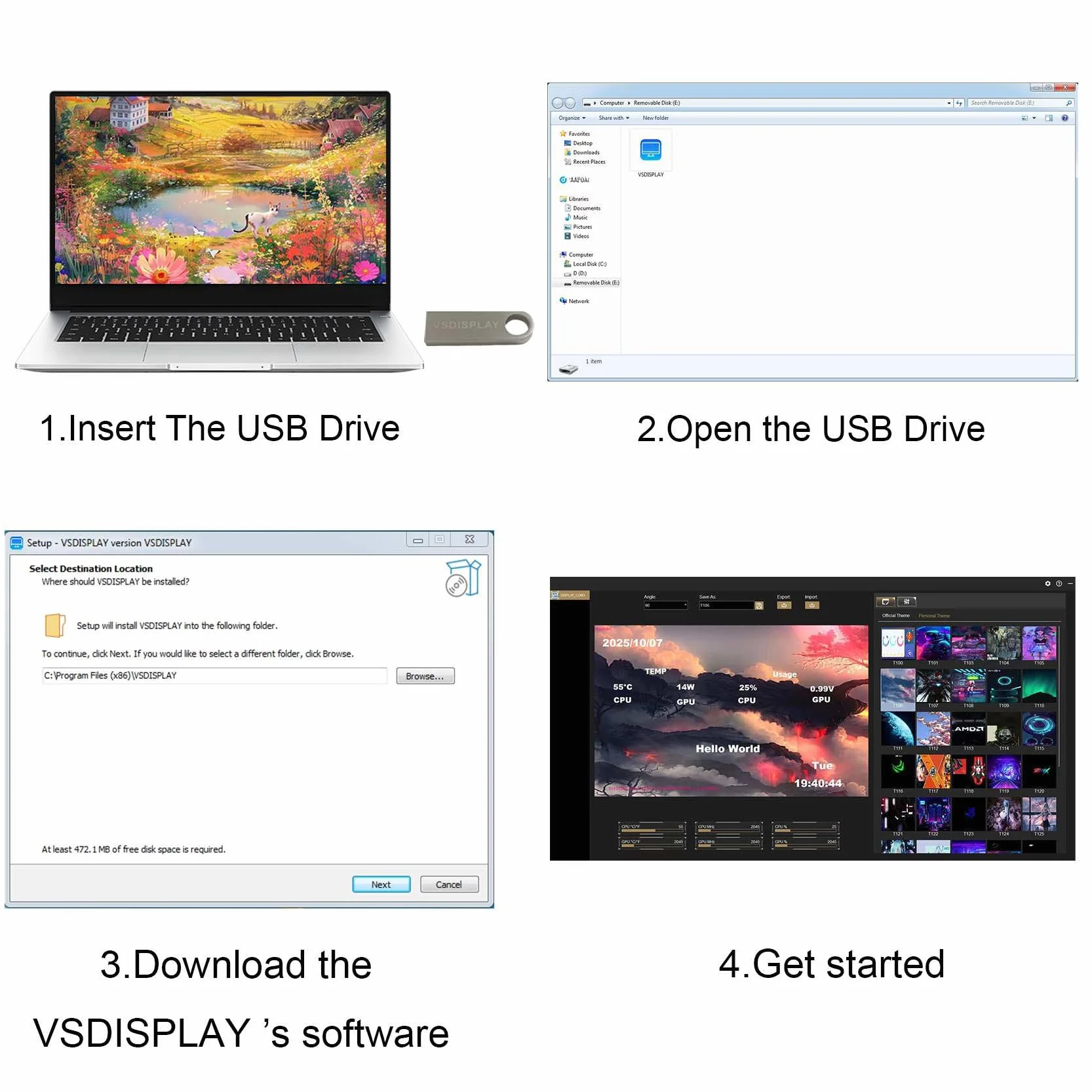 VSDISPLAY Przenośny biały 10,1-calowy ekran temperatury komputera IPS | 800x1280,do PC CPU RAM HDD Data & Theme