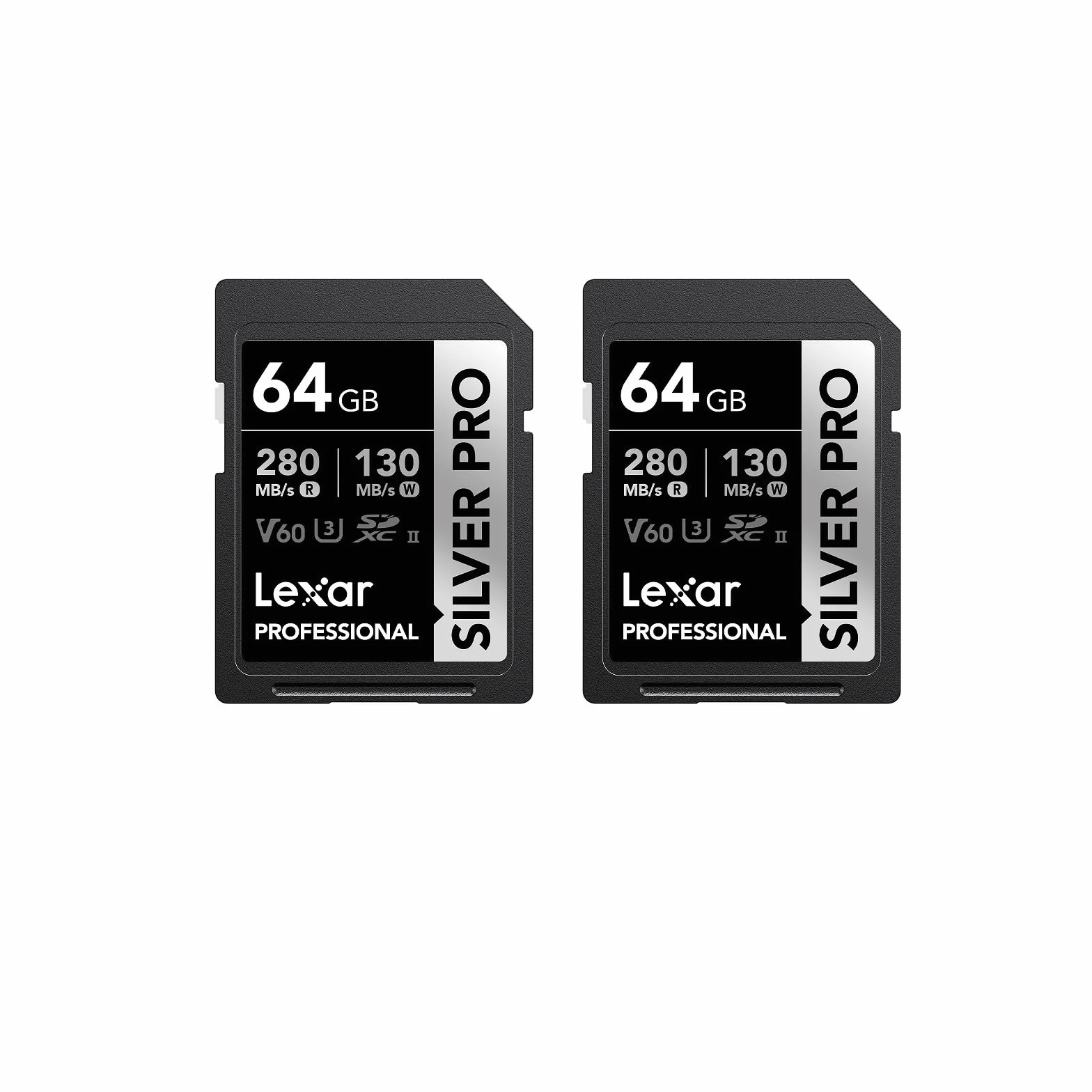 Lexar SILVER PRO karta SD 2 x 64 GB, karta pamięci SD UHS-II, V60, U3, C10, odczyt do 280 MB/s, zapis 130 MB/s, karta SDXC do lustrzanek cyfrowych/aparatu/profesjonalnego