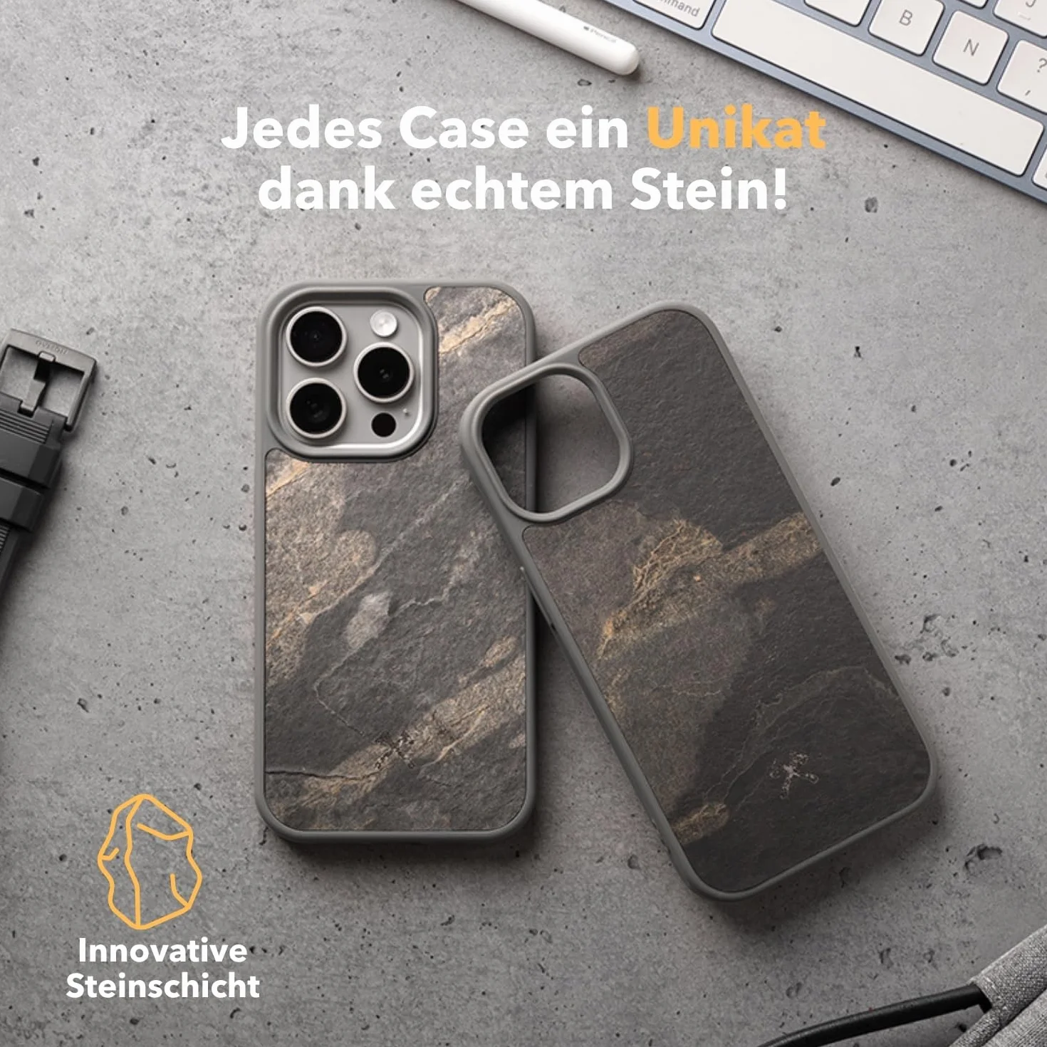 Woodcessories - Magnetyczne etui typu bumper do iPhone 17 Pro, kompatybilne z MagSafe, etui z magnesem z kamienia, szare moro