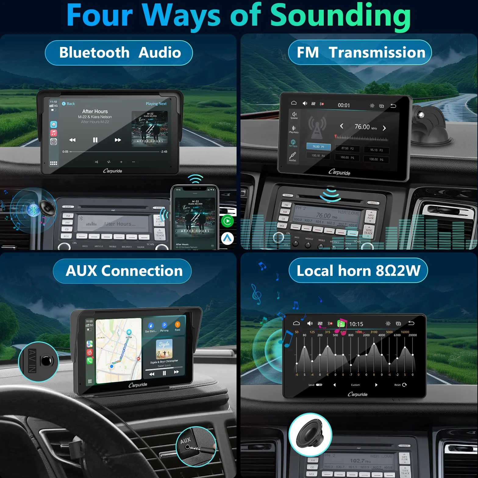 Carpuride Samochodowe stereo, przenośne bezprzewodowe Carplay i Android Auto, 7-calowe radio z ekranem dotykowym 1080P HD z BT 5.0, lusterko łączące wsparcie ciężarówki RV Dash Mount