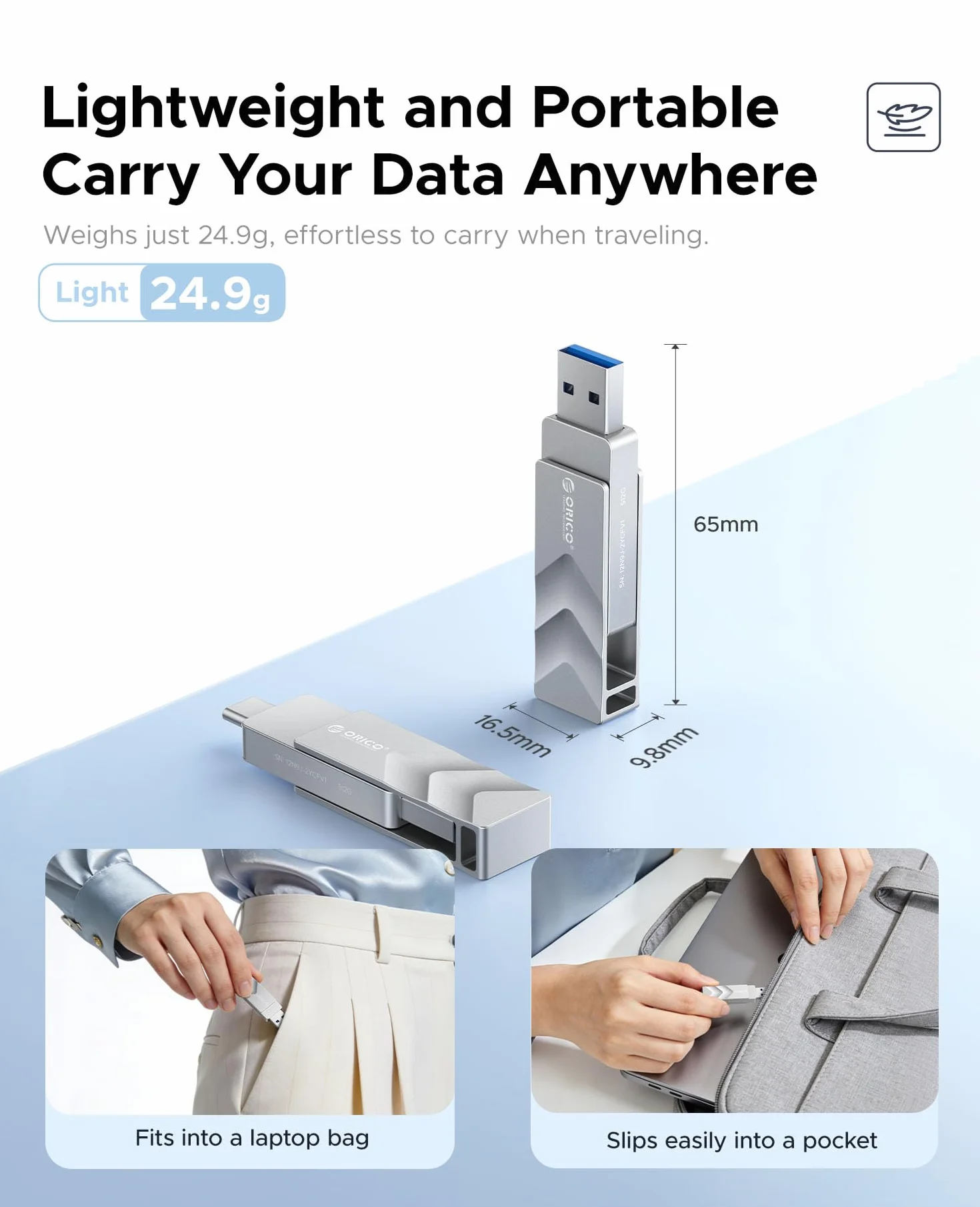 ORICO Dual Drive USB-C & A Stick 256 GB, 400 MB/s odczyt, pamięć USB | Zapis 150 MB/s, pamięć USB 3.2, obrotowa, metalowa obudowa, do smartfonów, iPhone 15/16/17, Android, PC, laptopów