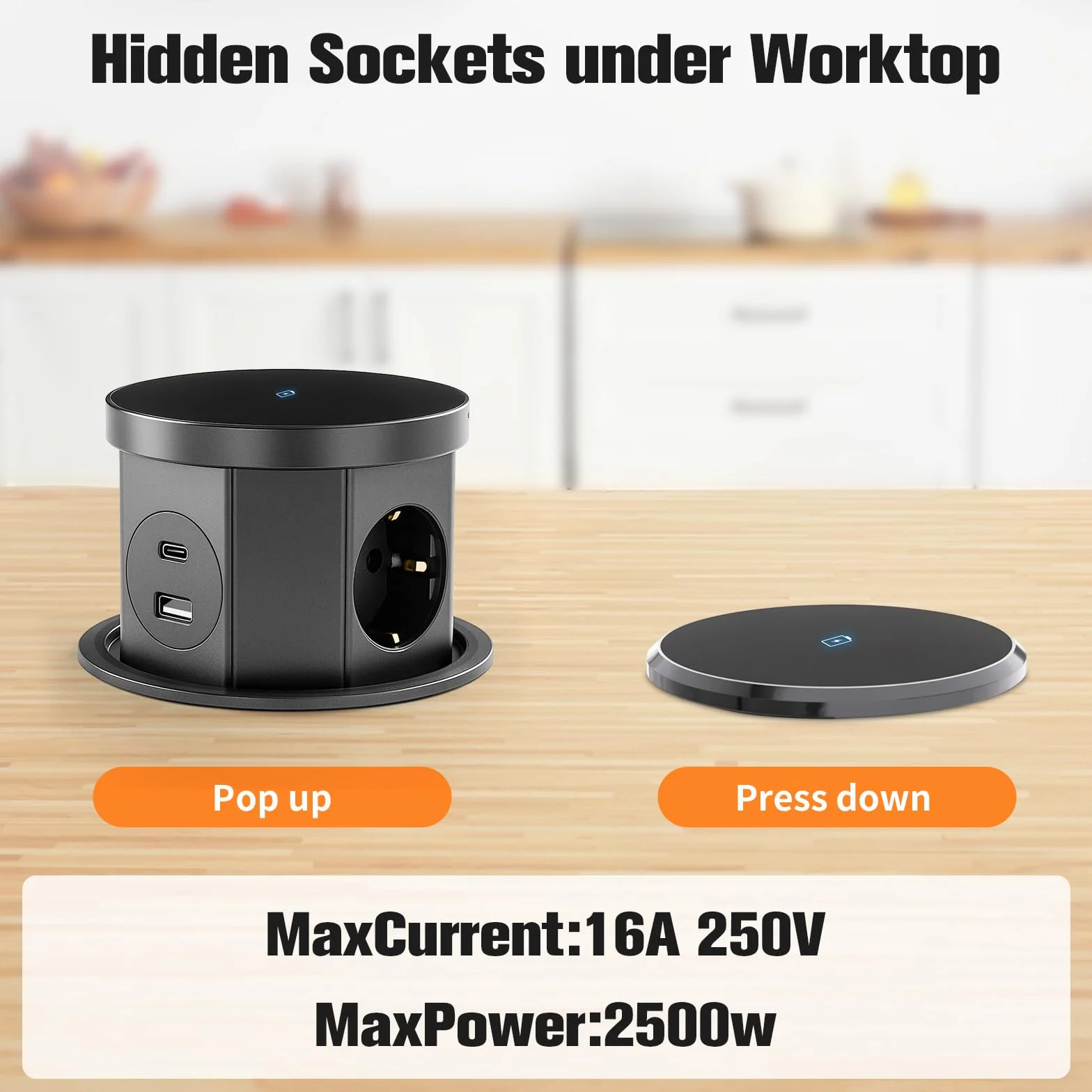 3-krotne wpuszczane gniazdko, z bezprzewodową ładowarką 15 W, 1 USB C, 1 USB-A, wpuszczane gniazdko kuchenne, kabel 1,5 m, do biura, kuchni, sypialni, średnica 120 mm