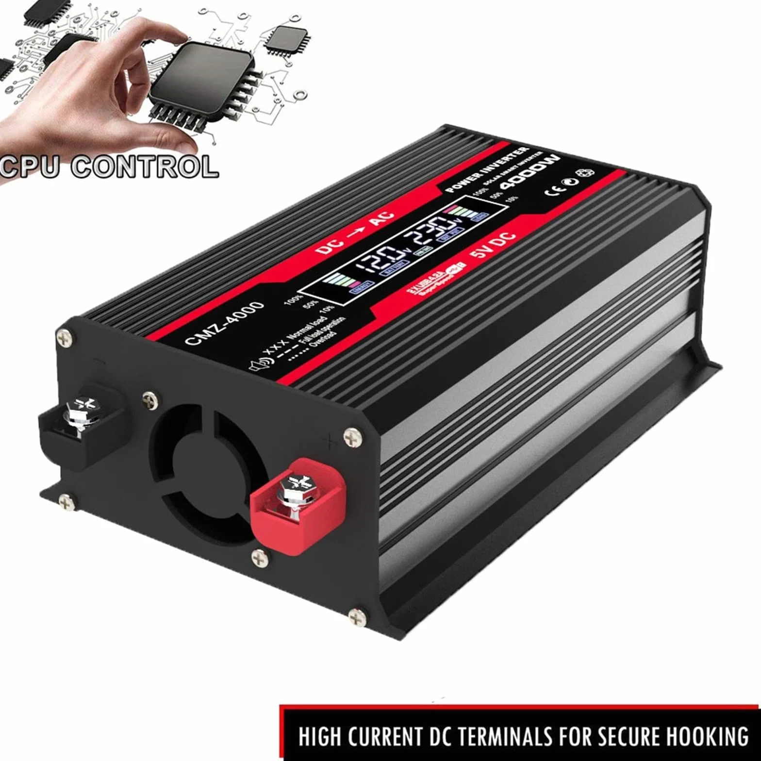 Falownik, 4000W zmodyfikowana fala sinusoidalna przetwornica napięcia 12V 220 do generatora konwerterów domowych z przetwornicą częstotliwości ładowania LCD(4000W Red)